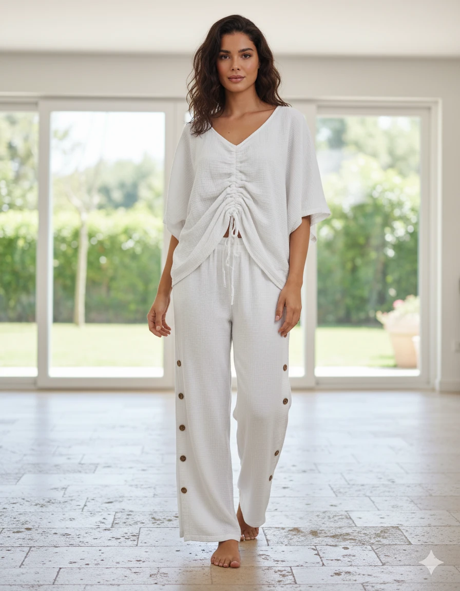 AY23766 Önü Büzgülü Pantolonu Yırtmaçlı Müslin Takım Beyaz