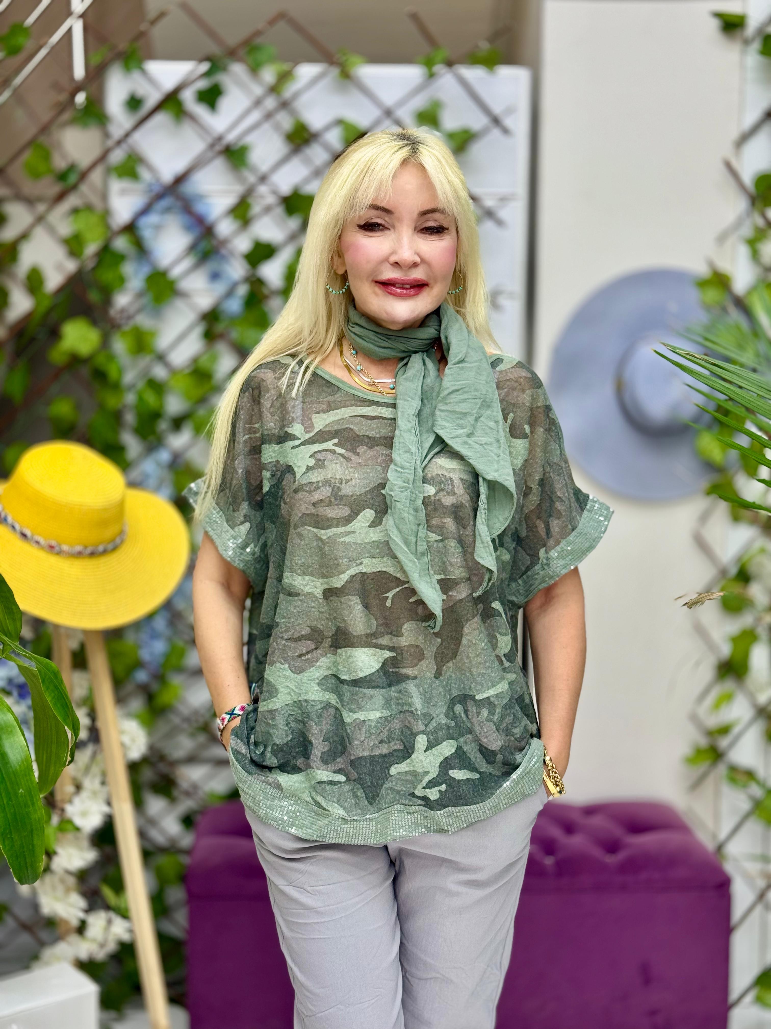 NC8560 İtalyan Kamuflaj Desen Fularlı Coton Bluz Haki
