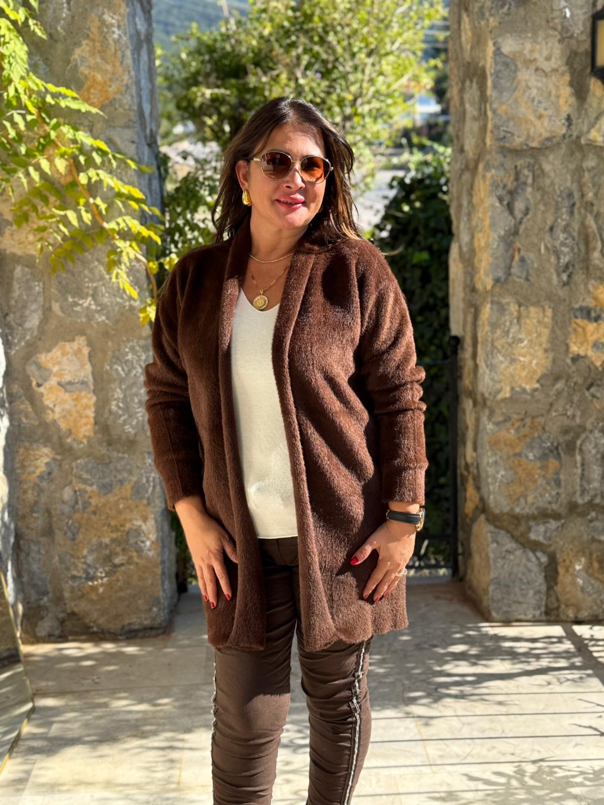 NC25026 Kapamasız Yün Hırka Kahve