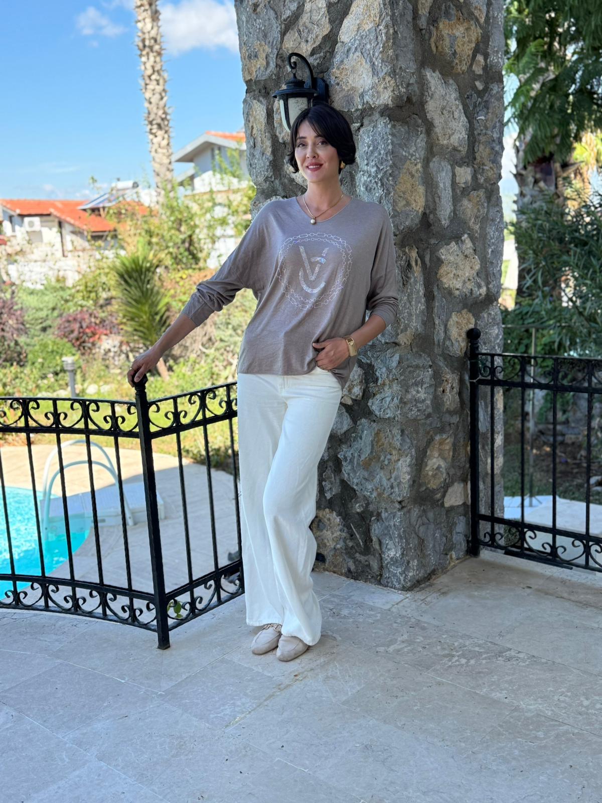 FXLS82681 İtalyan Taş Baskılı Triko Bluz Vizon