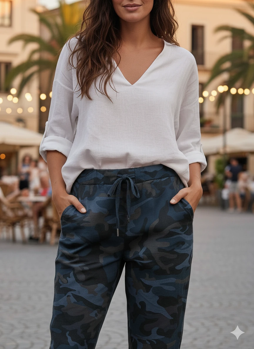 LS7312 Kamuflaj Desenli Likralı İtalyan Coton Pantolon Lacivert