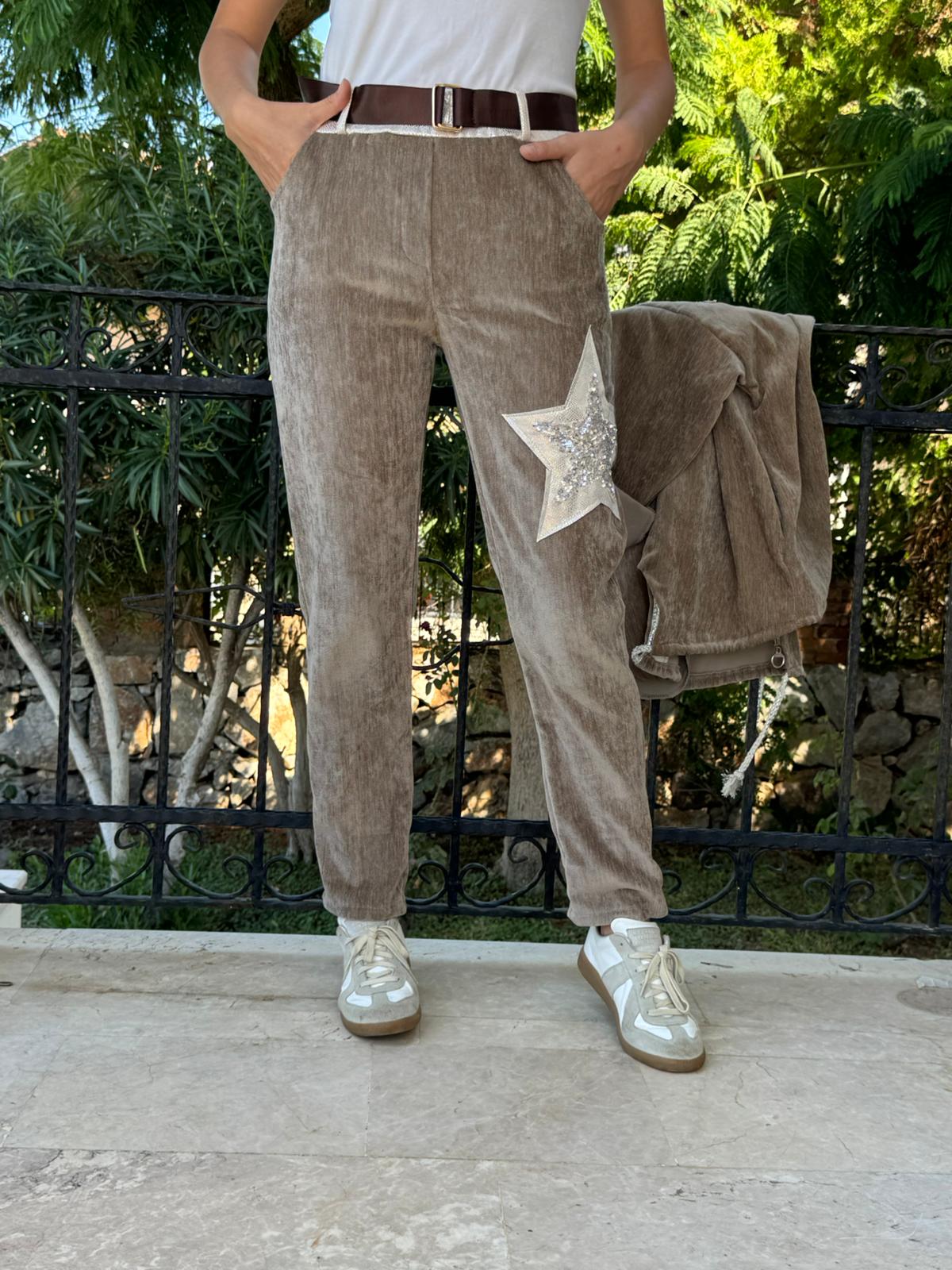 LS12520 İtalyan Yıldız Taşlı Kadife Pantolon Vizon