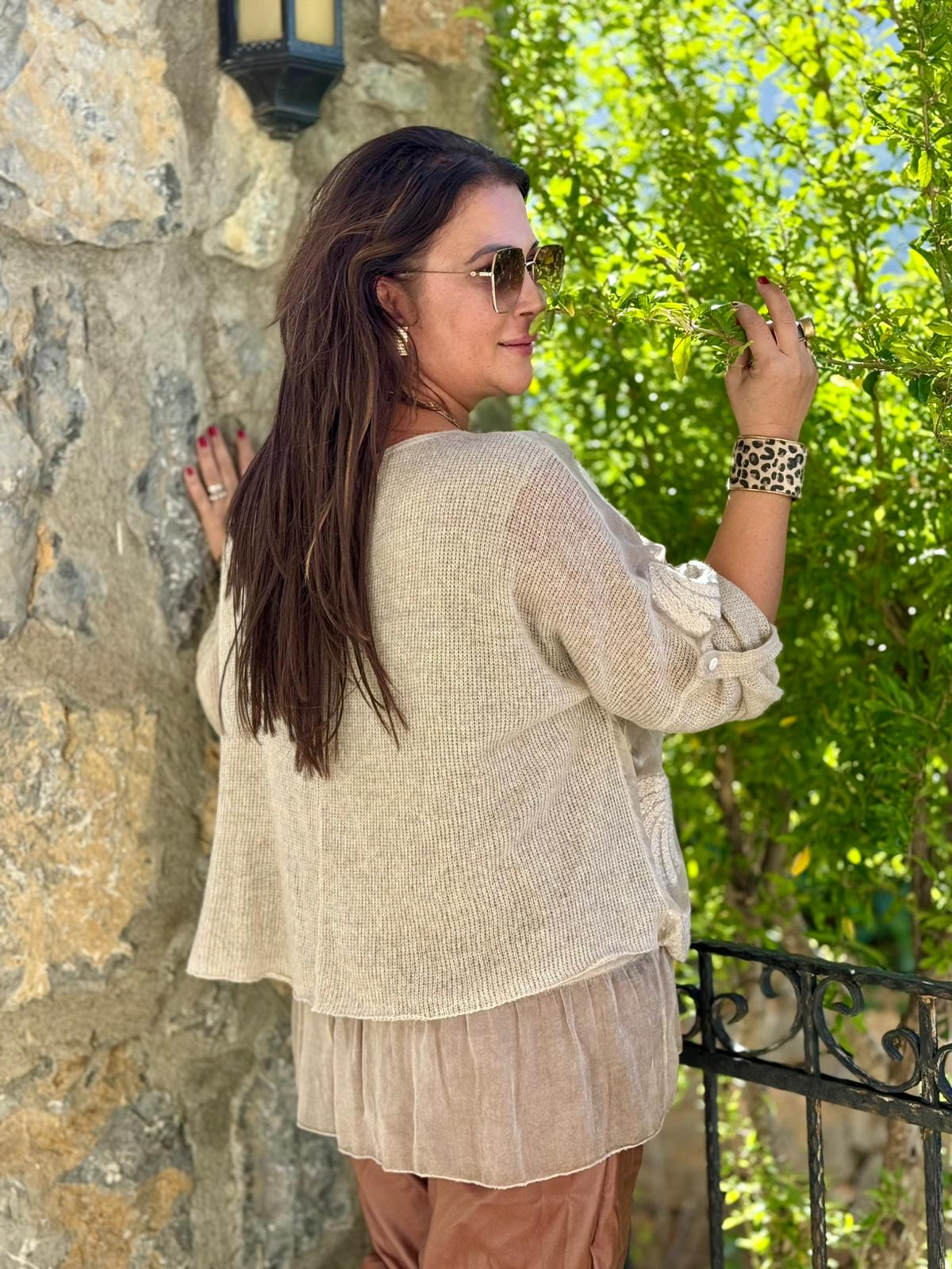 NC0023 Pul Payetli Kabartmalı İpek Triko İtalyan Bluz Krem