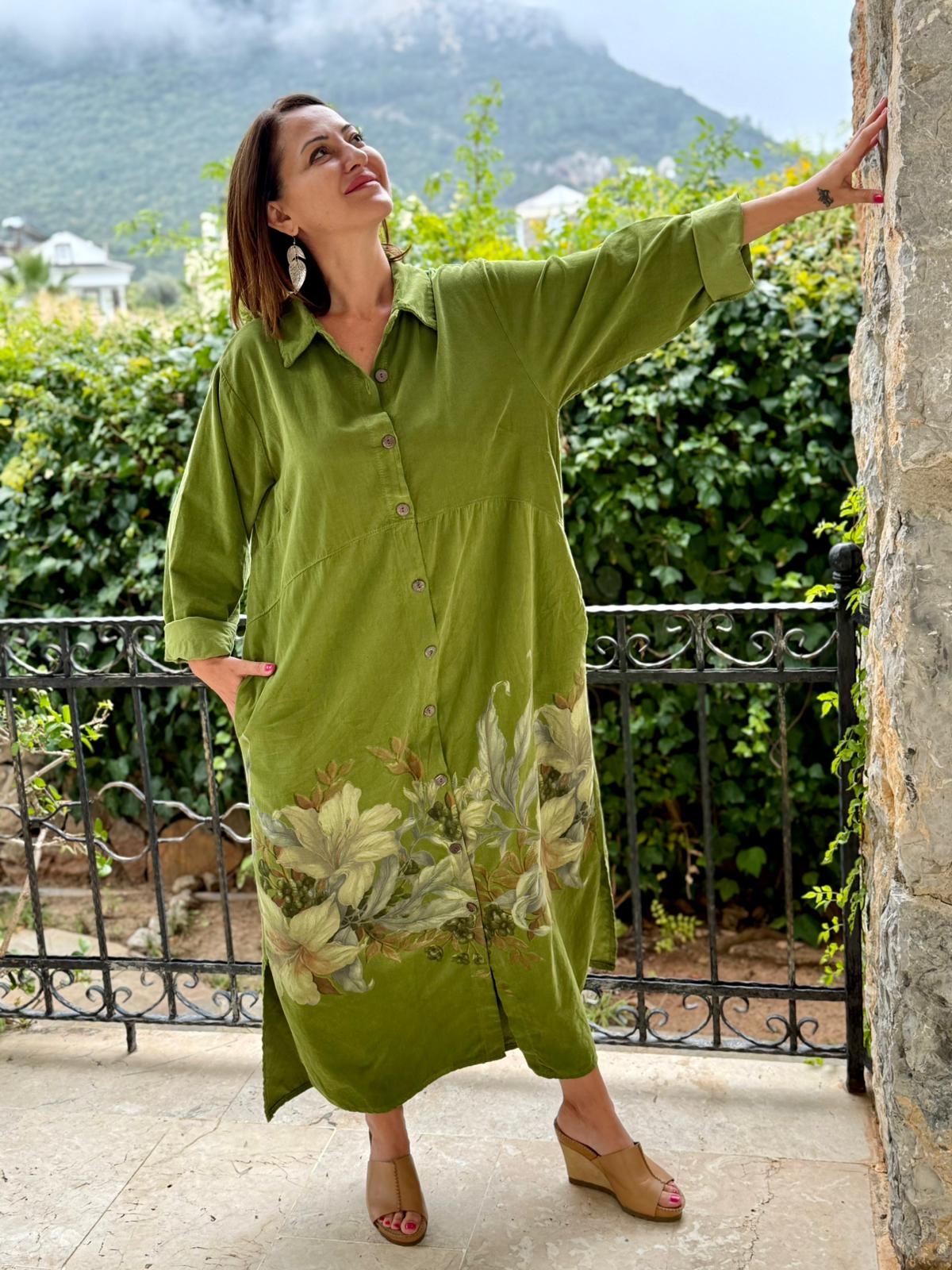 YG10974 Çiçek Baskılı İtalyan Kadife Gömlek Elbise Yeşil