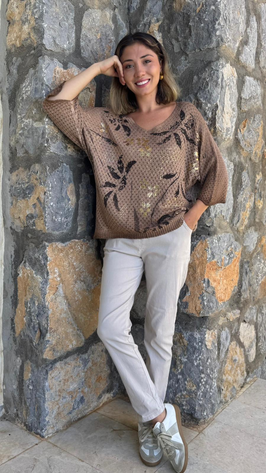 LS7514 İtalyan Yaprak Desen Triko Bluz Camel