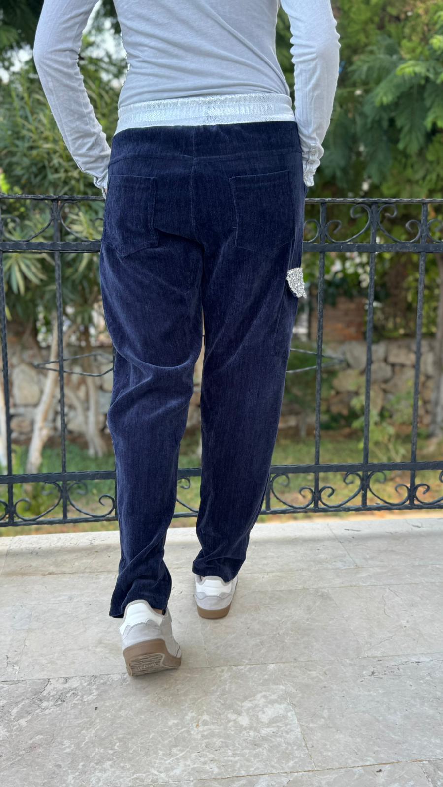 LS13220 İtalyan Cebi Taşlı Kadife Pantolon Lacivert