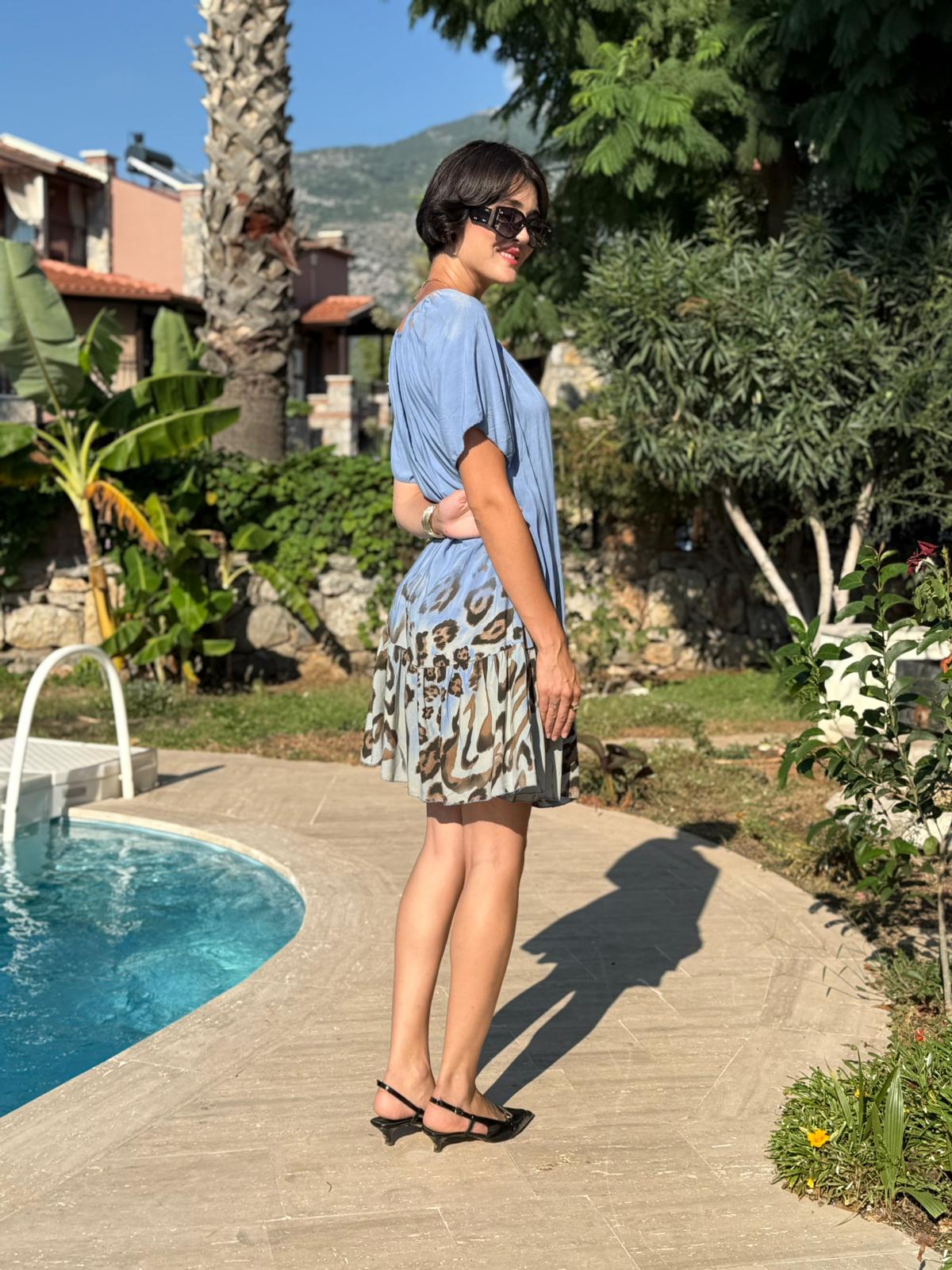 NC10526 İtalyan Yaka Lastikli Leoparlı Coton Elbise Mavi