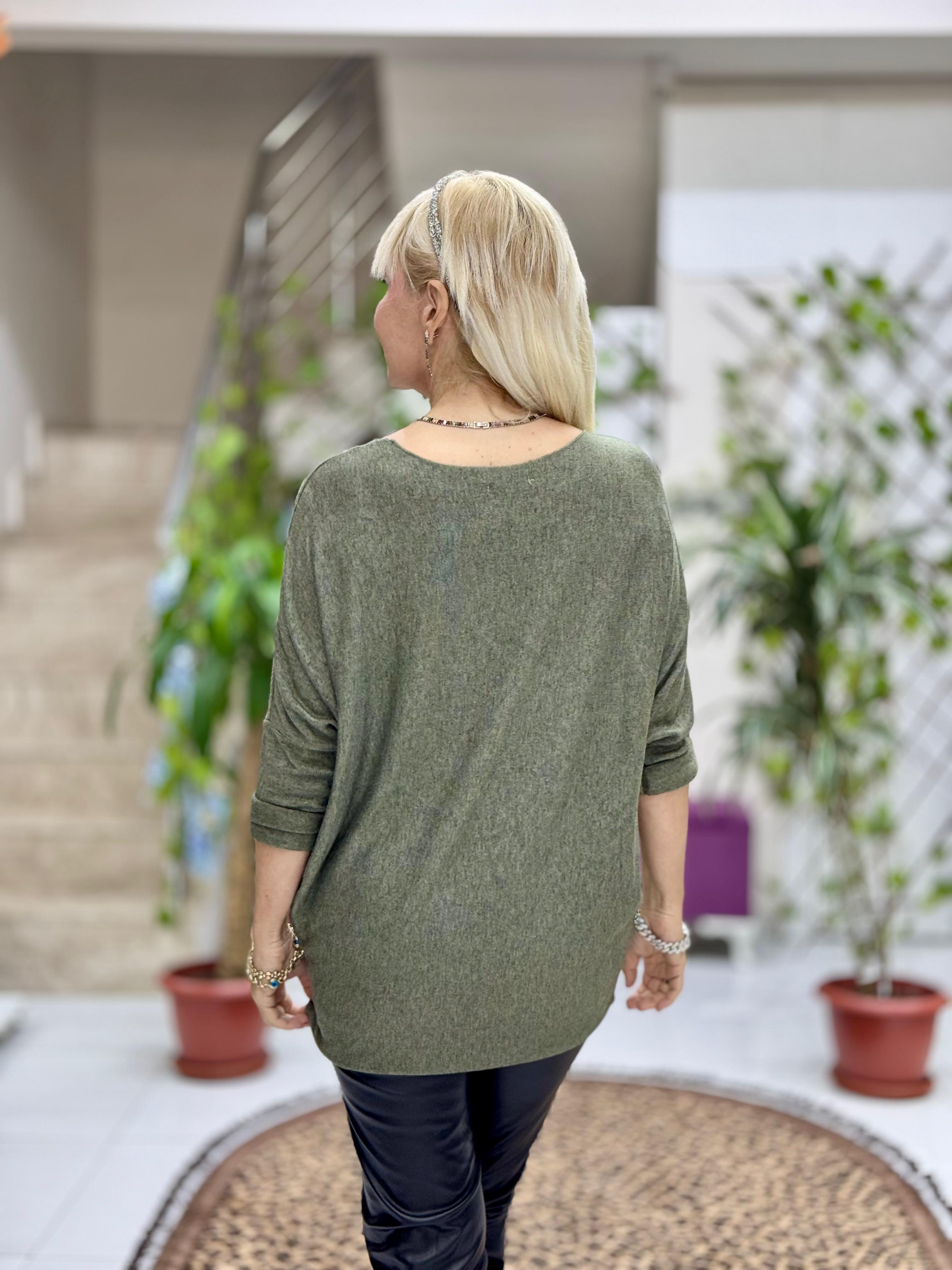 NC1778 İtalyan Yıldız desen Pulpayetli Bluz Haki