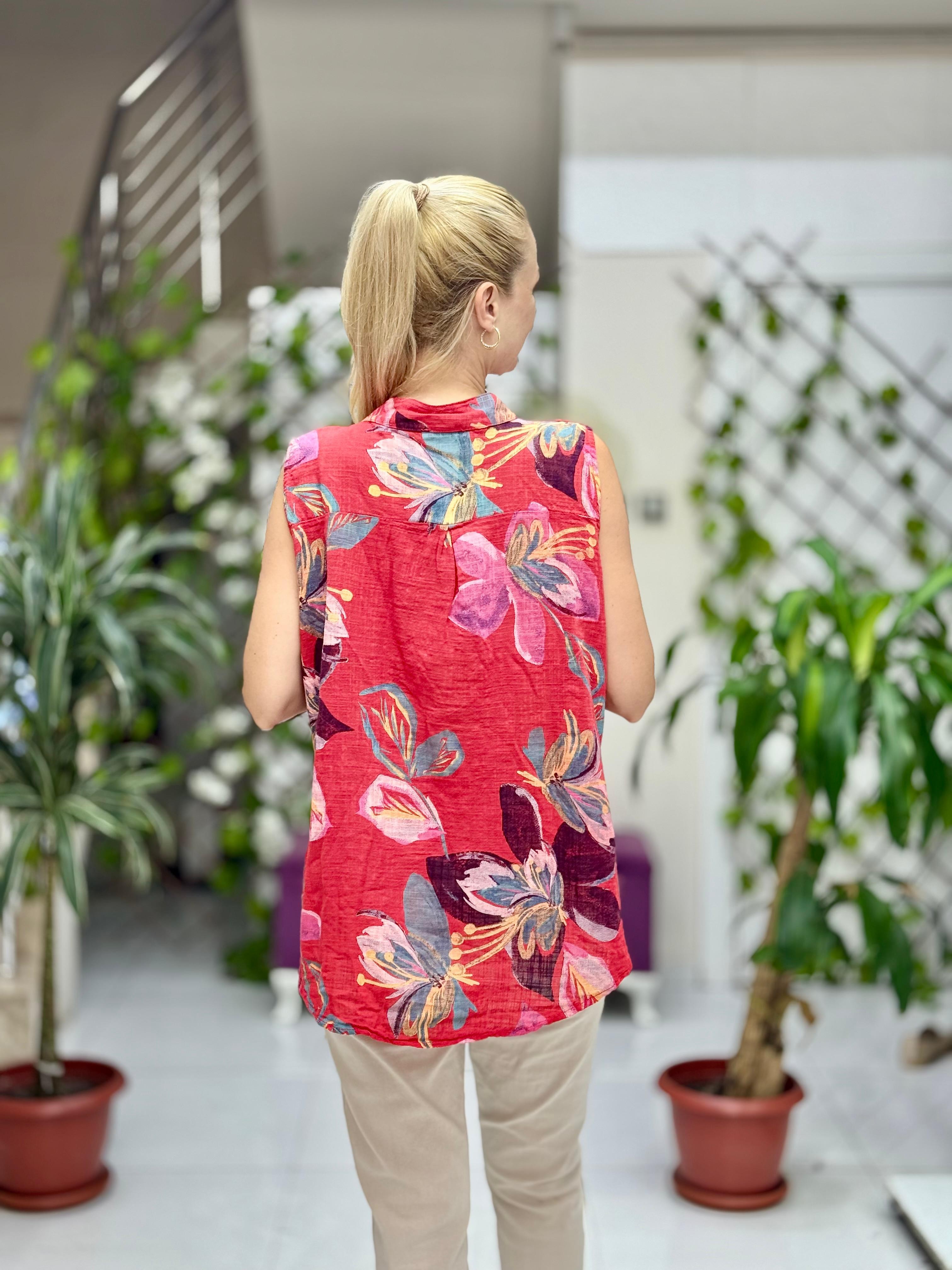 LS8819B Kolsuz Pamukketen Cepli İtalyan Bluz Kırmızı