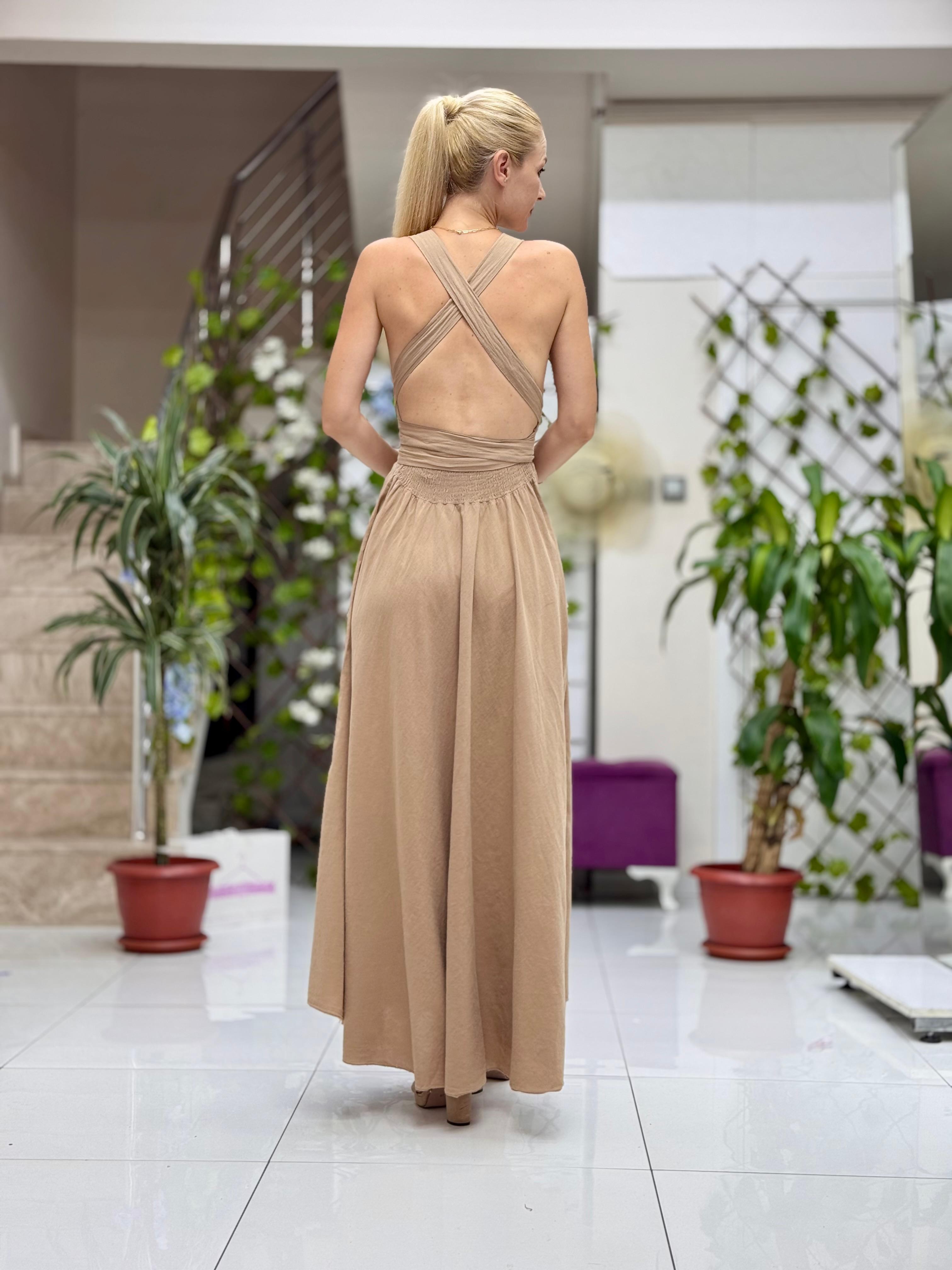 PT25071 Omuz Bağlamalı Belden Kuşaklı Sırtı Açık Coton Elbise Camel