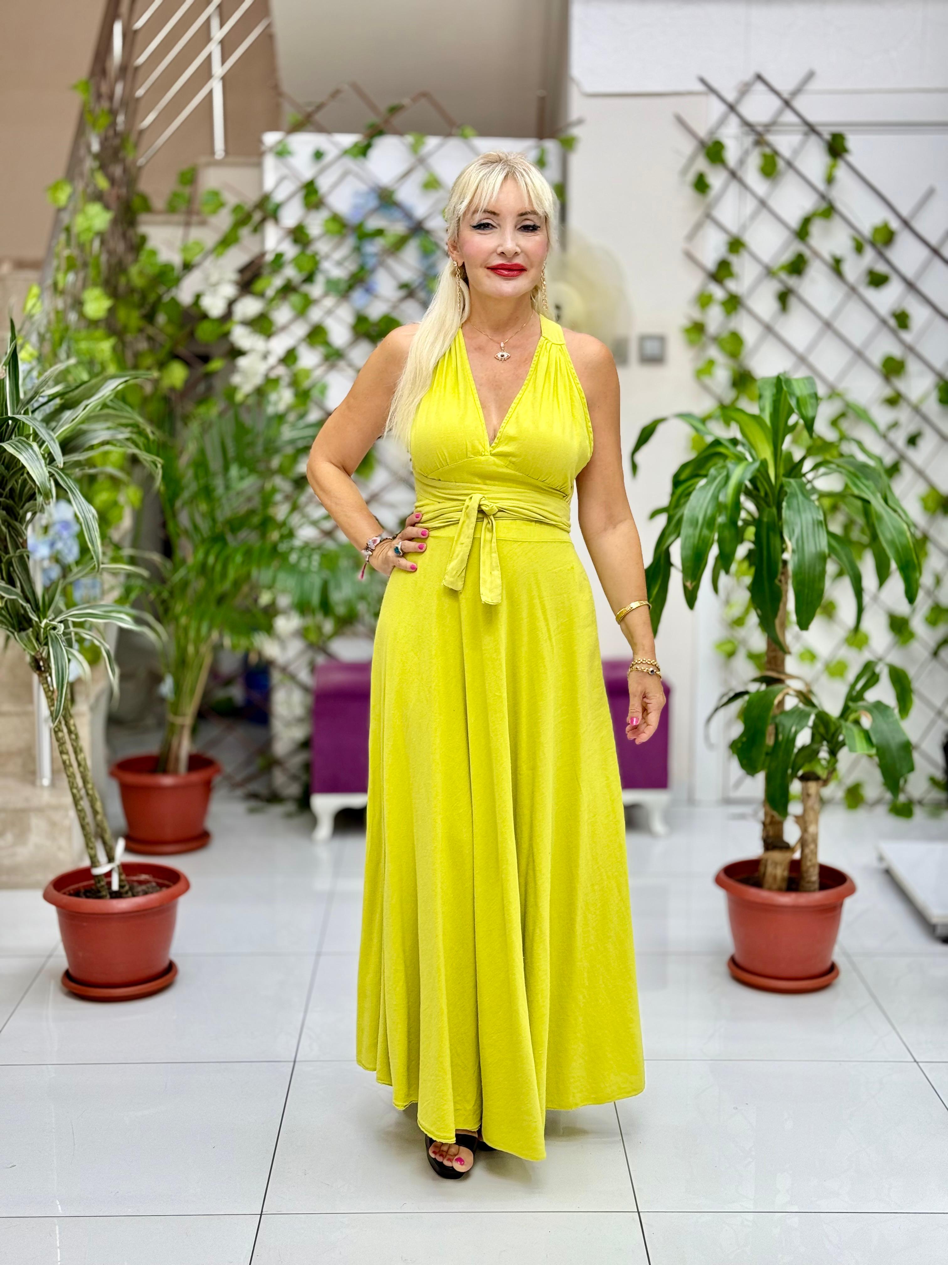 PT25071 Omuz Bağlamalı Belden Kuşaklı Sırtı Açık Coton Elbise Fıstık