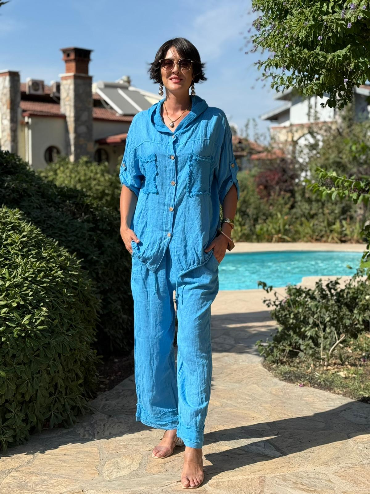 PT2256 İtalyan Önü Cepli Kapüşonlu Keten Takım Mavi