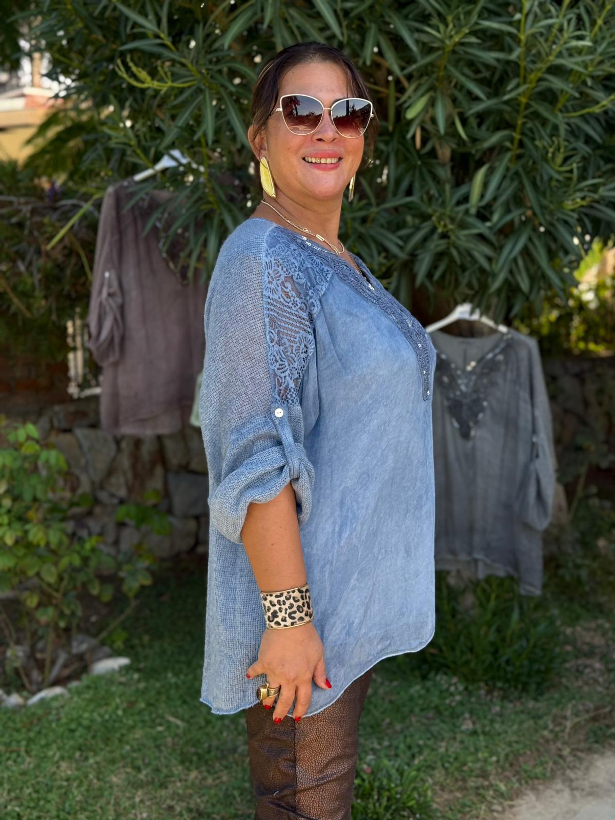 NC1868 Pul Payetli Omuz Dantelli İpek Triko İtalyan Bluz Mavi