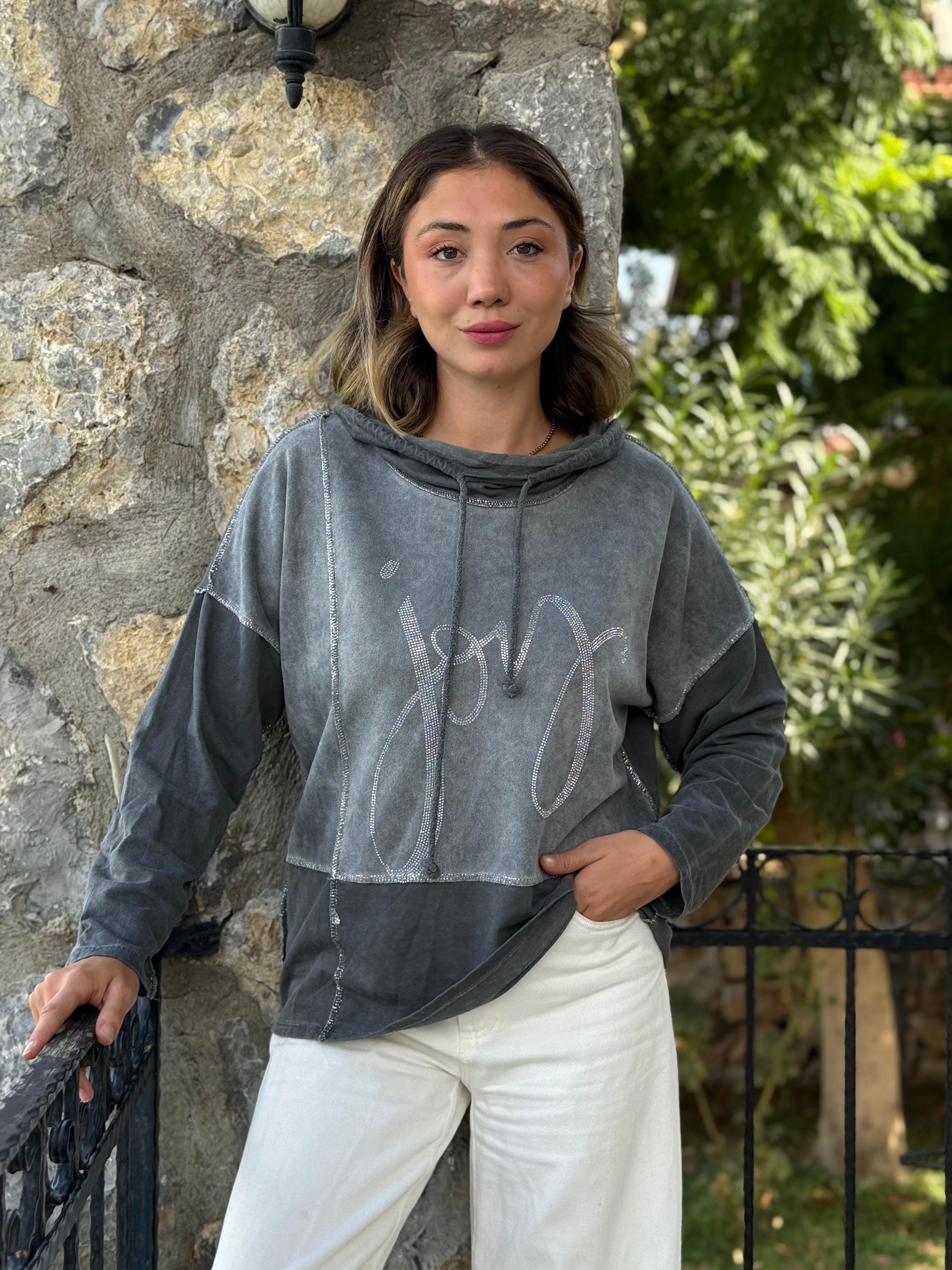 NC18533 İtalyan Joy Taşlı Kapüşonlu Coton Sweatshirt Gri