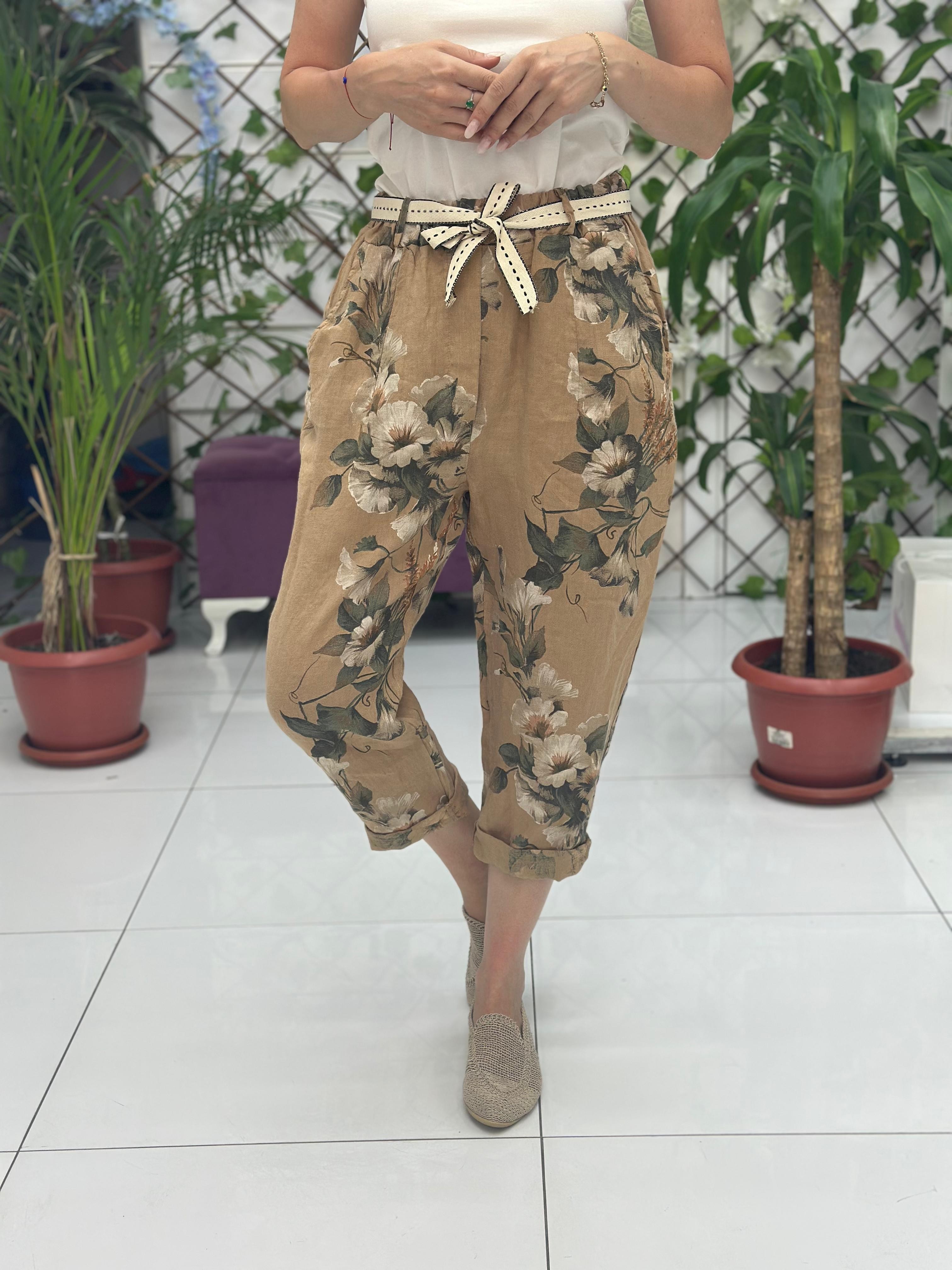 NC7232 İtalyan Yüksek Bel Keten Bilek Pantolon Camel