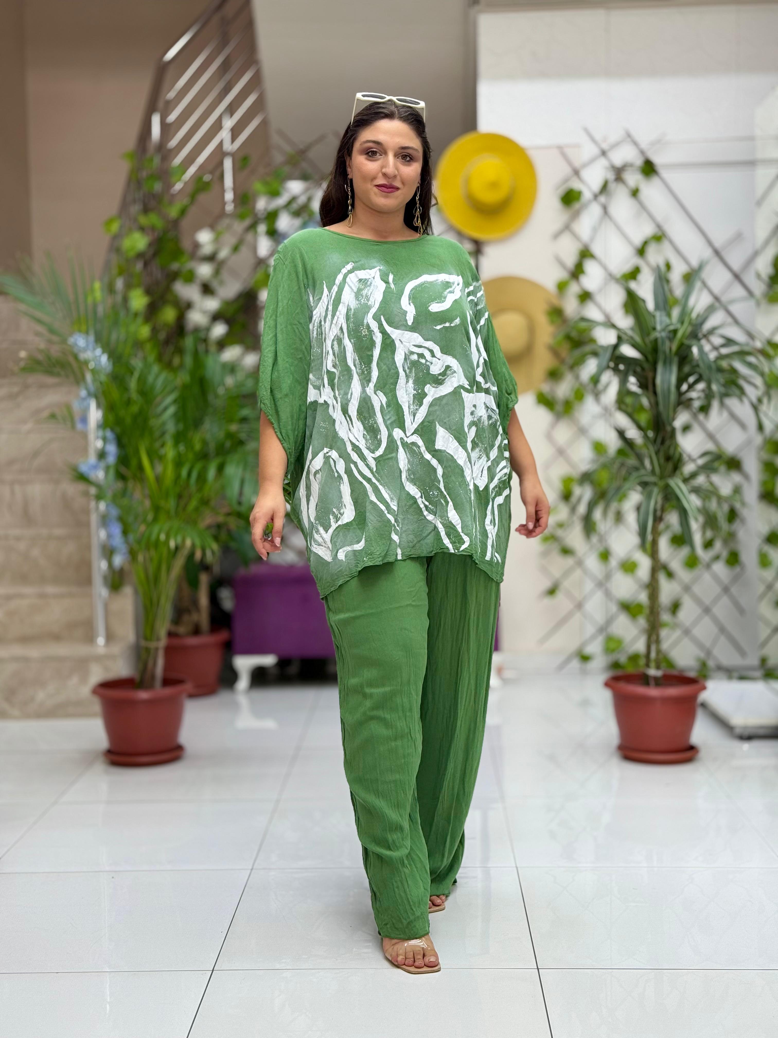 VL3159 %100 Vual Pamuk Bluz Pantolon Takım Haki