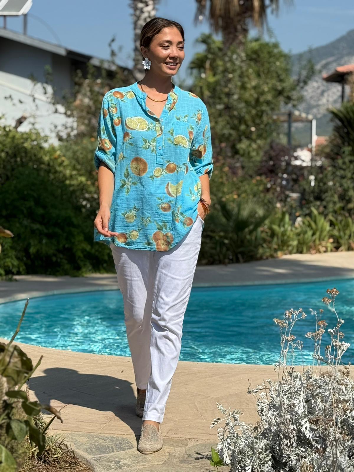 NC154553 İtalyan Pamuk Keten Bluz Turkuaz