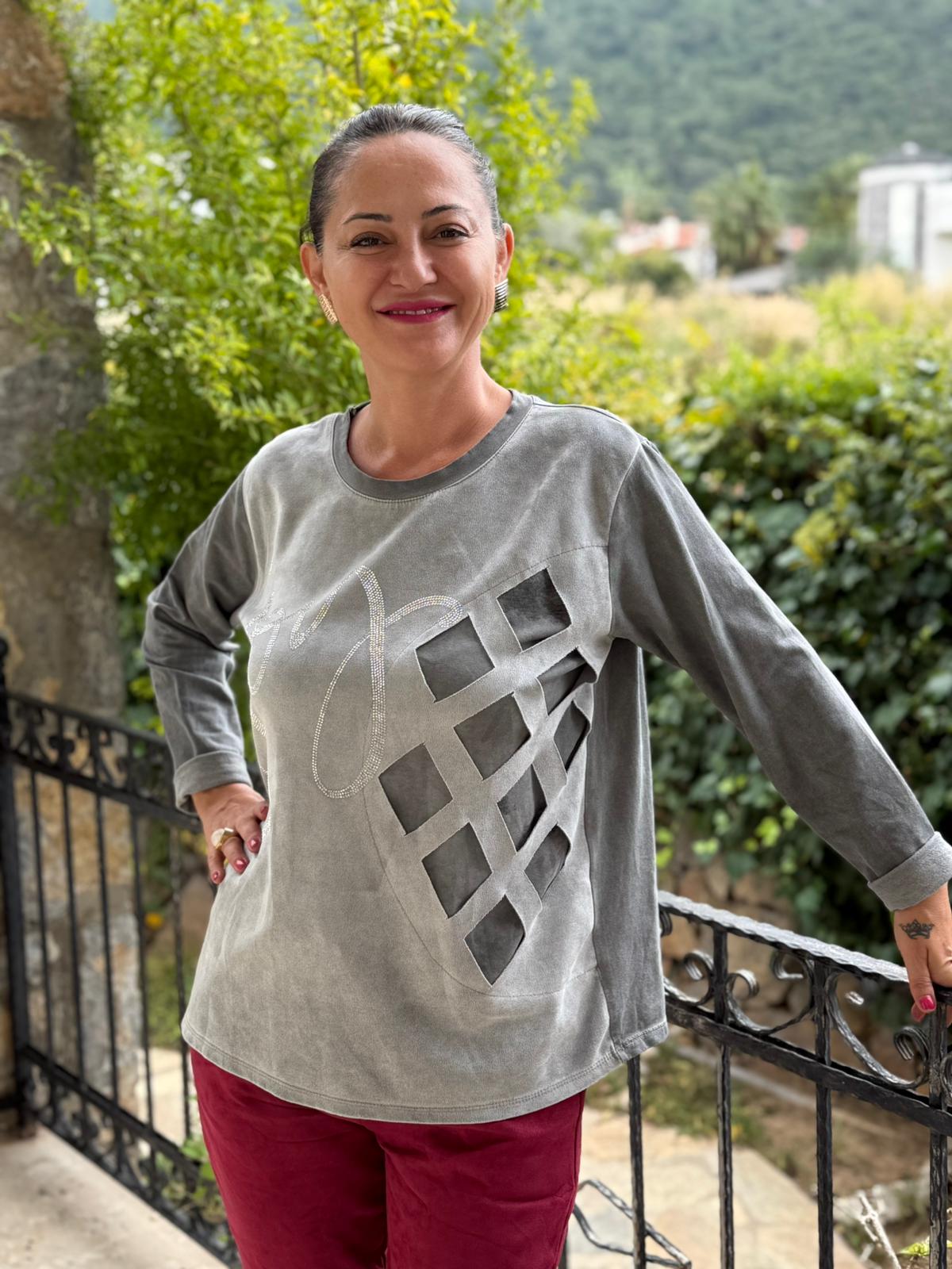 NC58377 Bisiklet Yaka Joy Yazılı Taşlı İtalyan Sweatshirt Gri