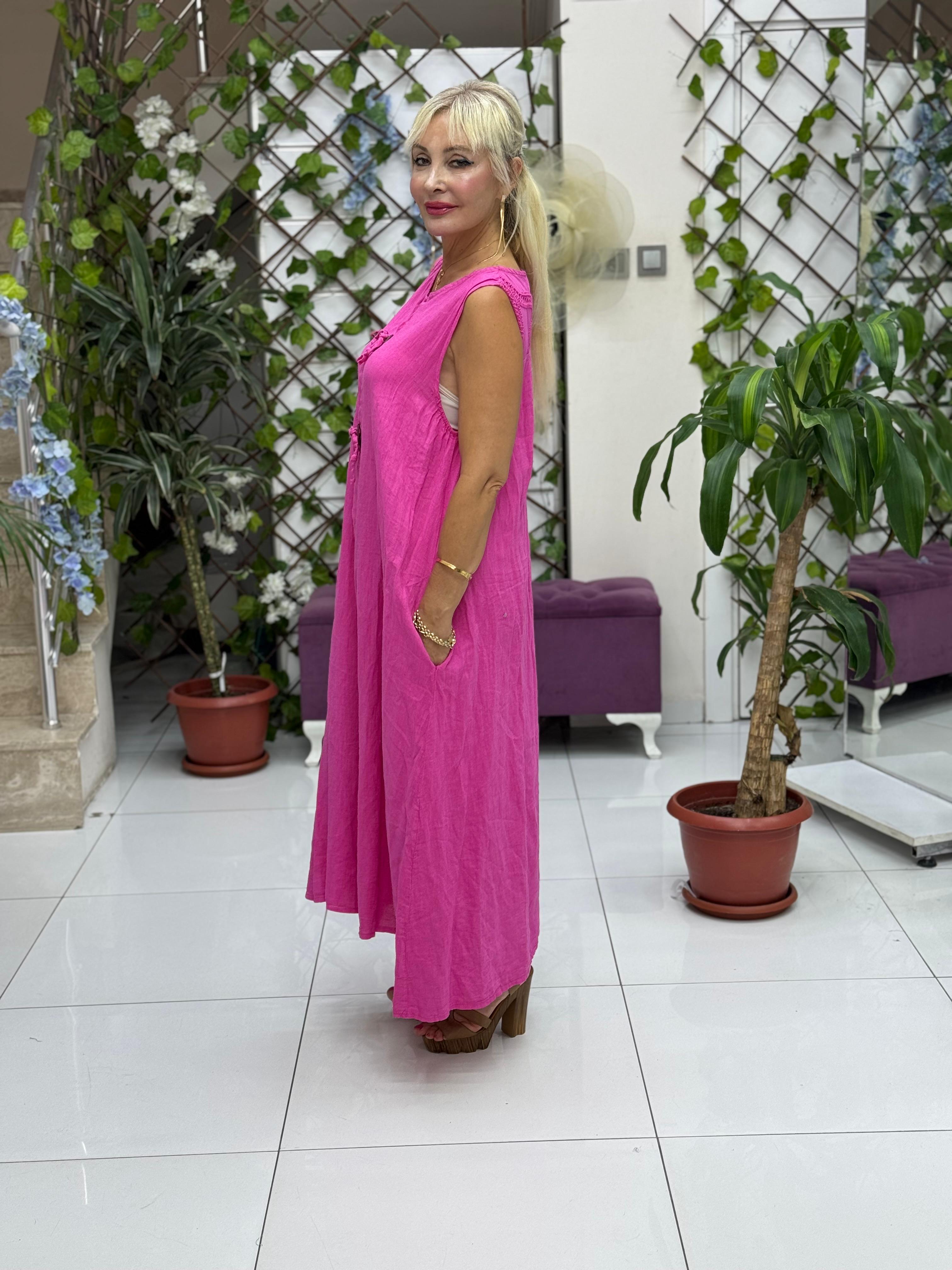 NC10793 İtalyan Sırt Detay Düğmeli Kolsuz Keten Elbise Pembe