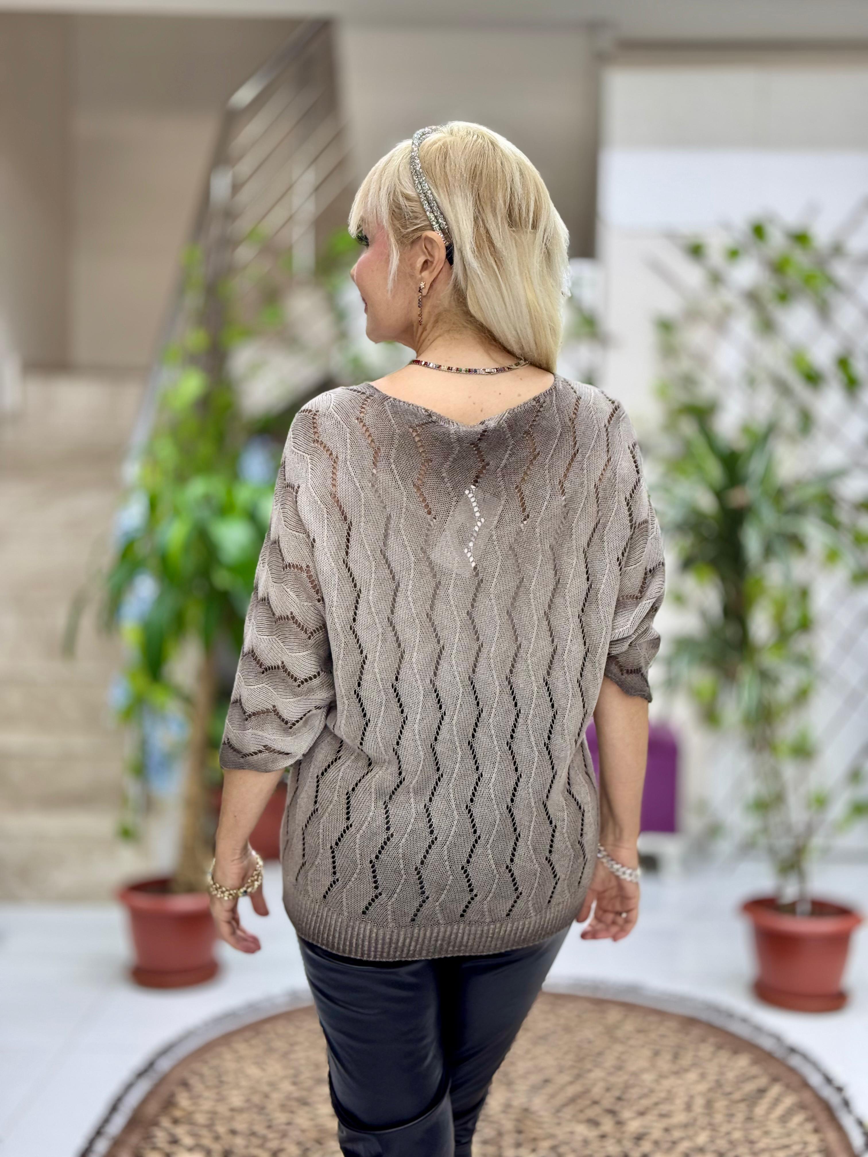 NC6071 İtalyan Fakir Kol Zikzak Desenli İnce Triko Bluz Vizon