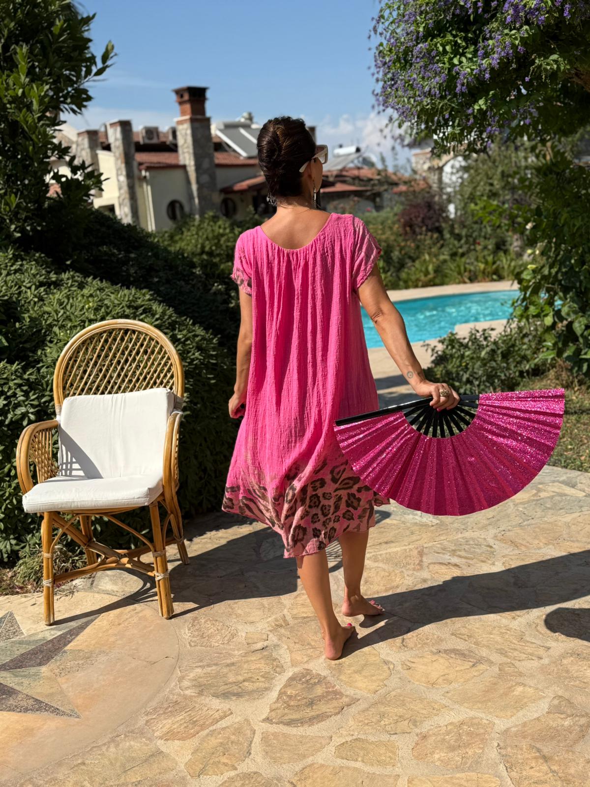 NC50848 İtalyan Pamuk Keten Astarlı Elbise Pembe