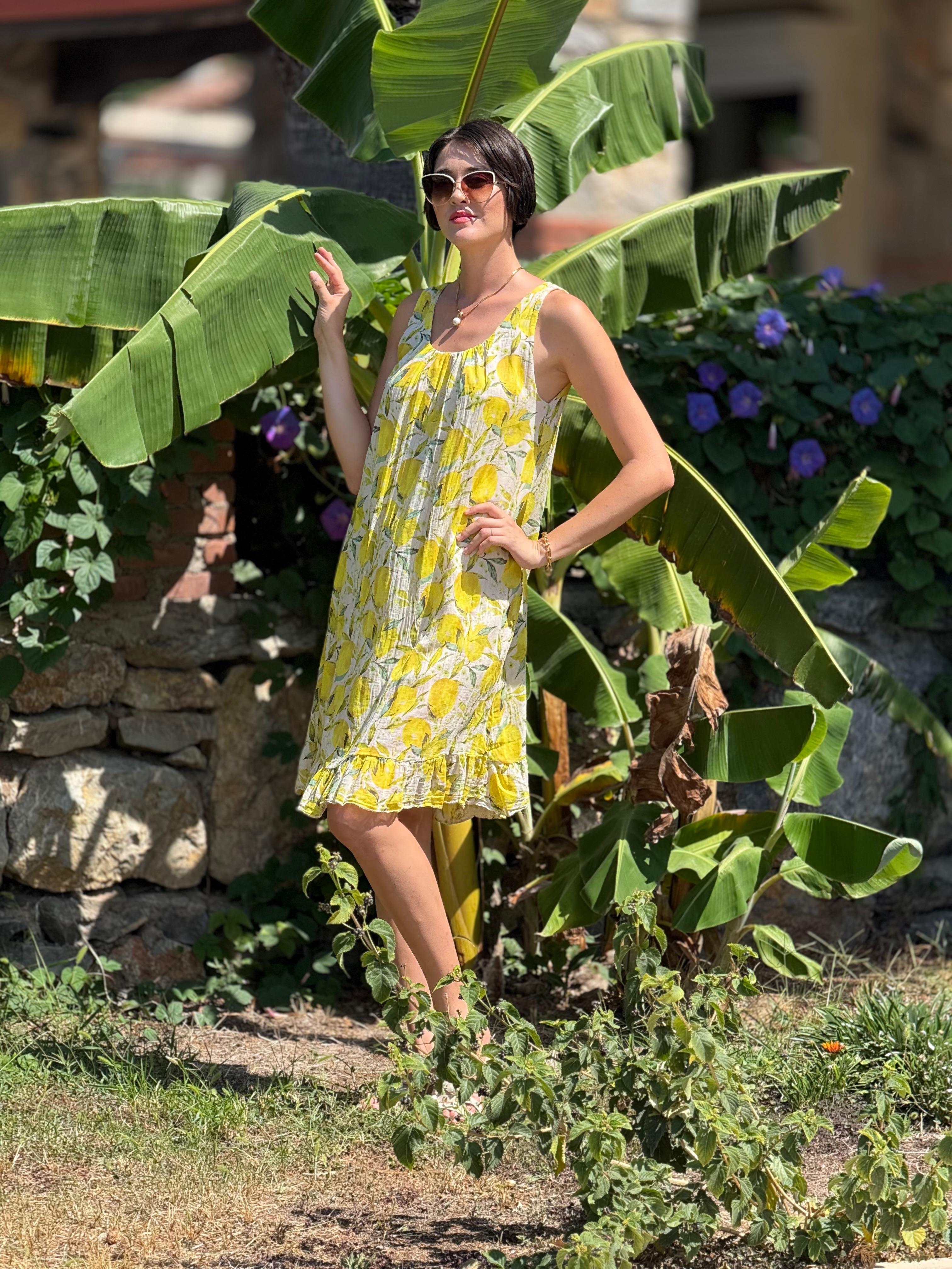 YG205030 İtalyan Coton  Limon Desen Elbise Krem