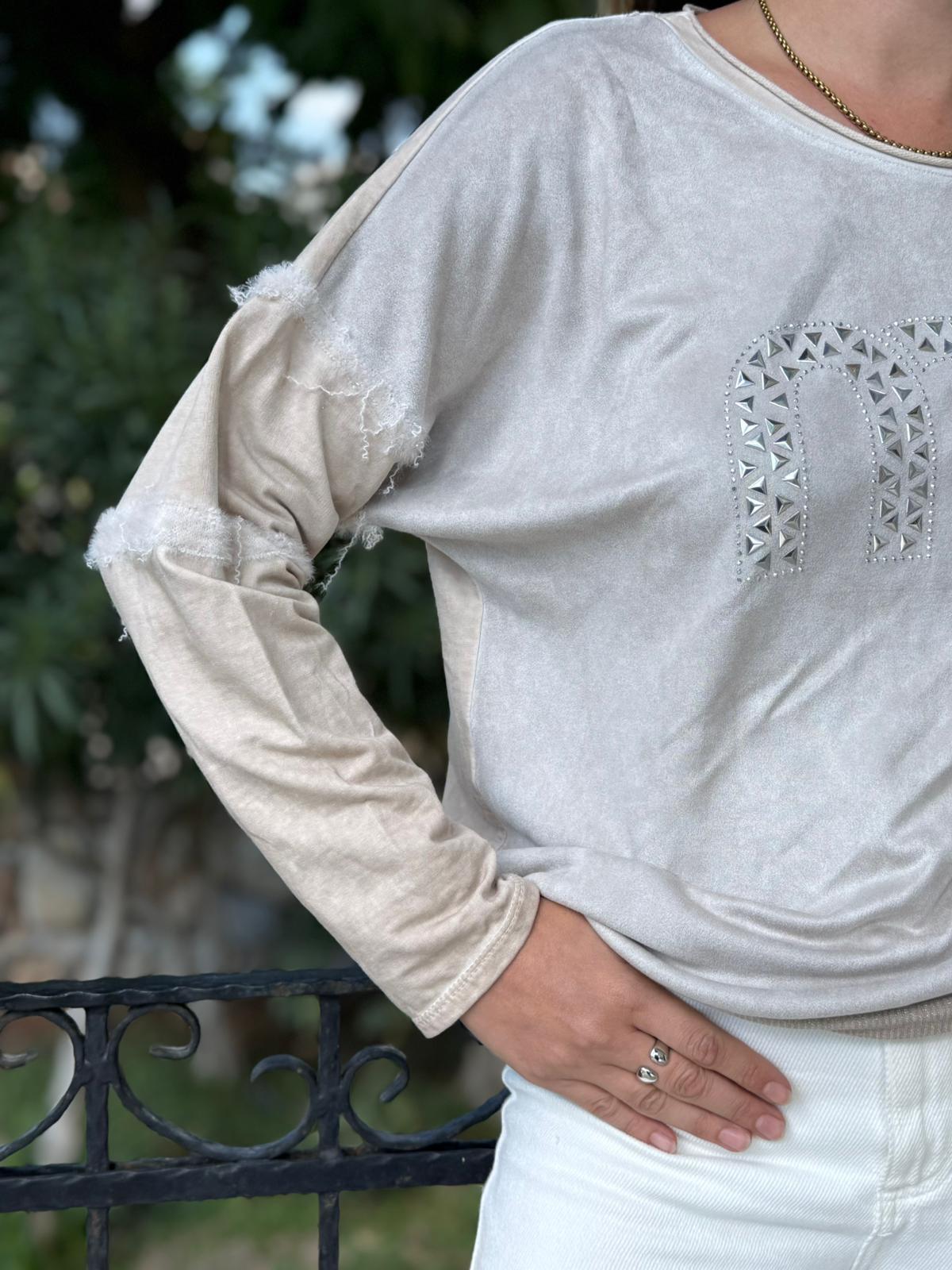 NC53659C İtalyan MIN Taşlı Coton Sweatshirt Krem