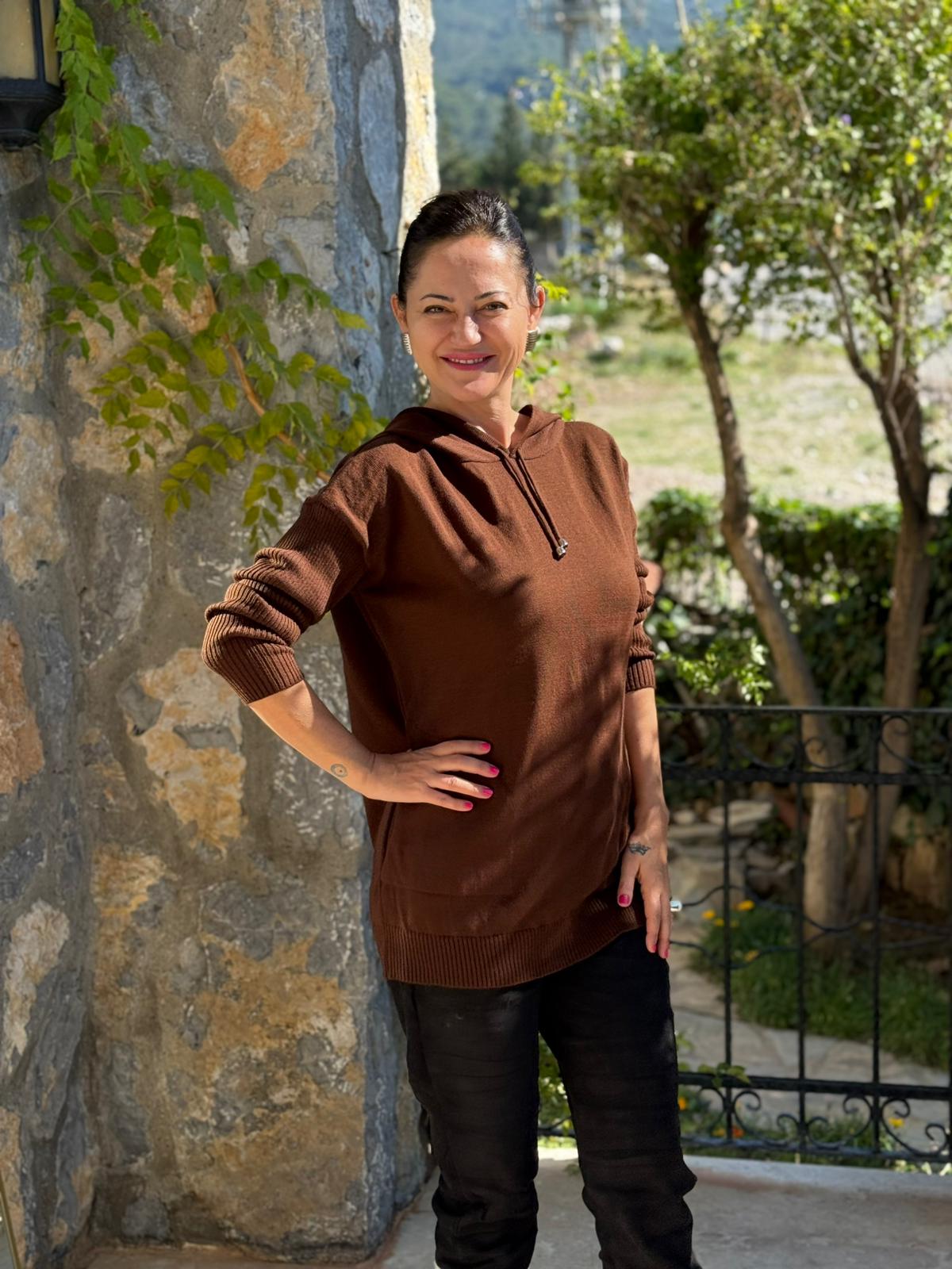 MT3096 Kapüşonlu Cepli Triko Sweatshirt Kahverengi