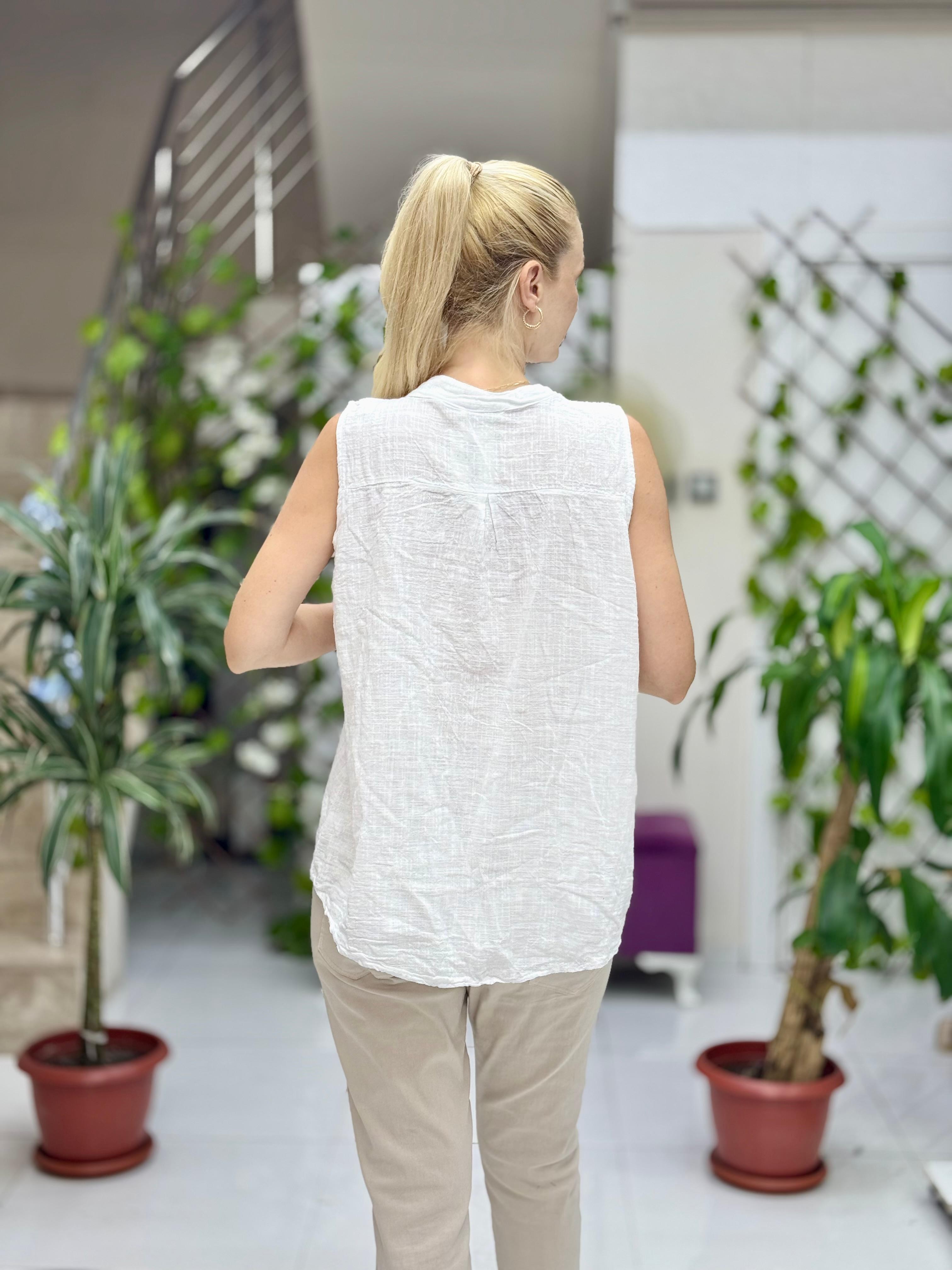 LS8819E Kolsuz Pamukketen Cepli İtalyan Bluz Beyaz
