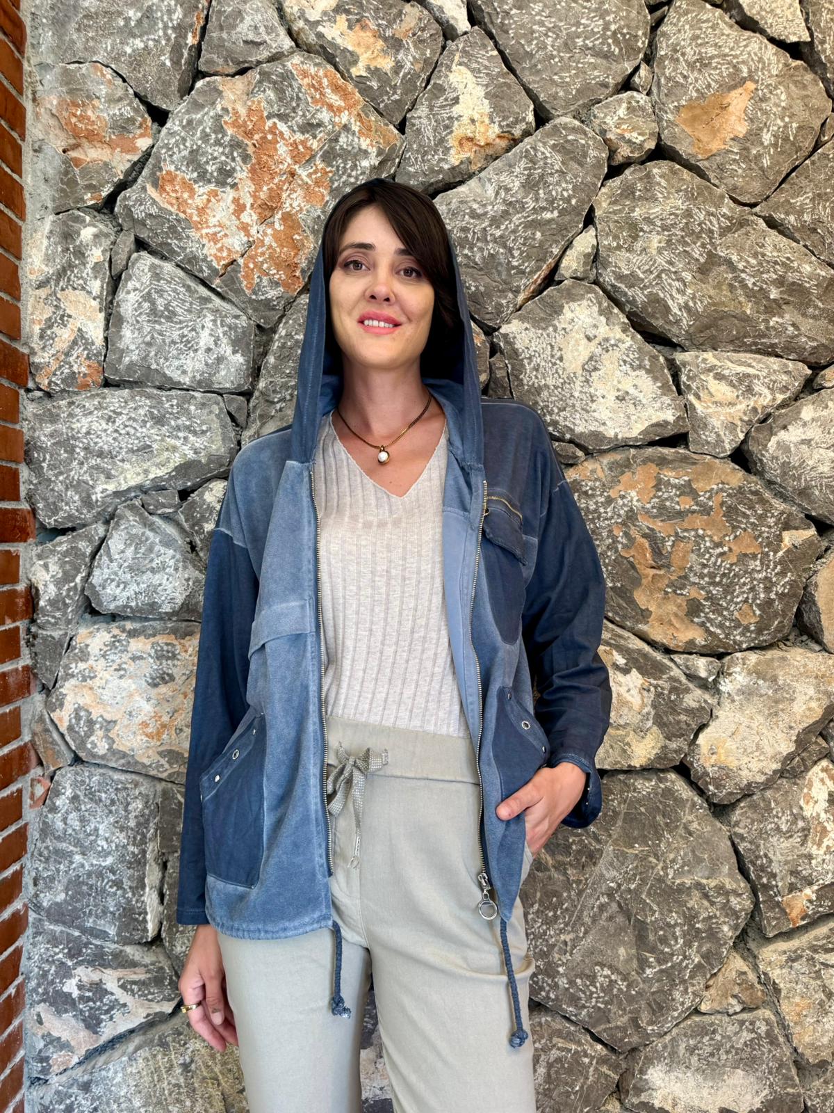 NC62020 Kapüşonlu Fermuarlı İtalyan Yıkamalı Ceket Lacivert