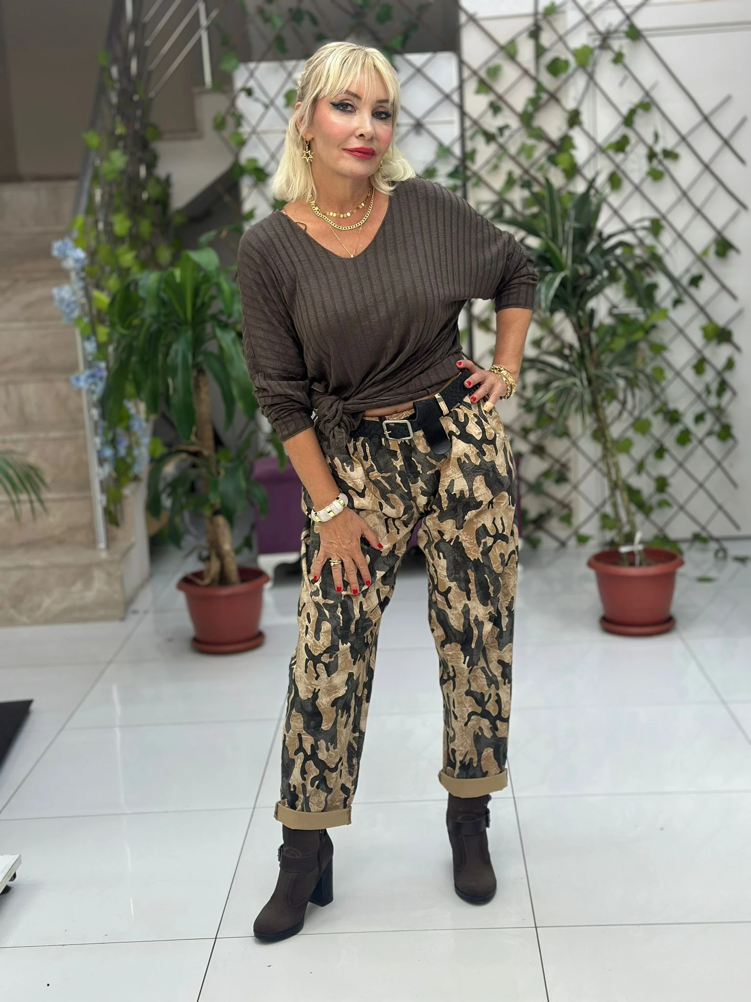 NC242975 İtalyan Kamufulaj Likralı Coton Pantolon Camel