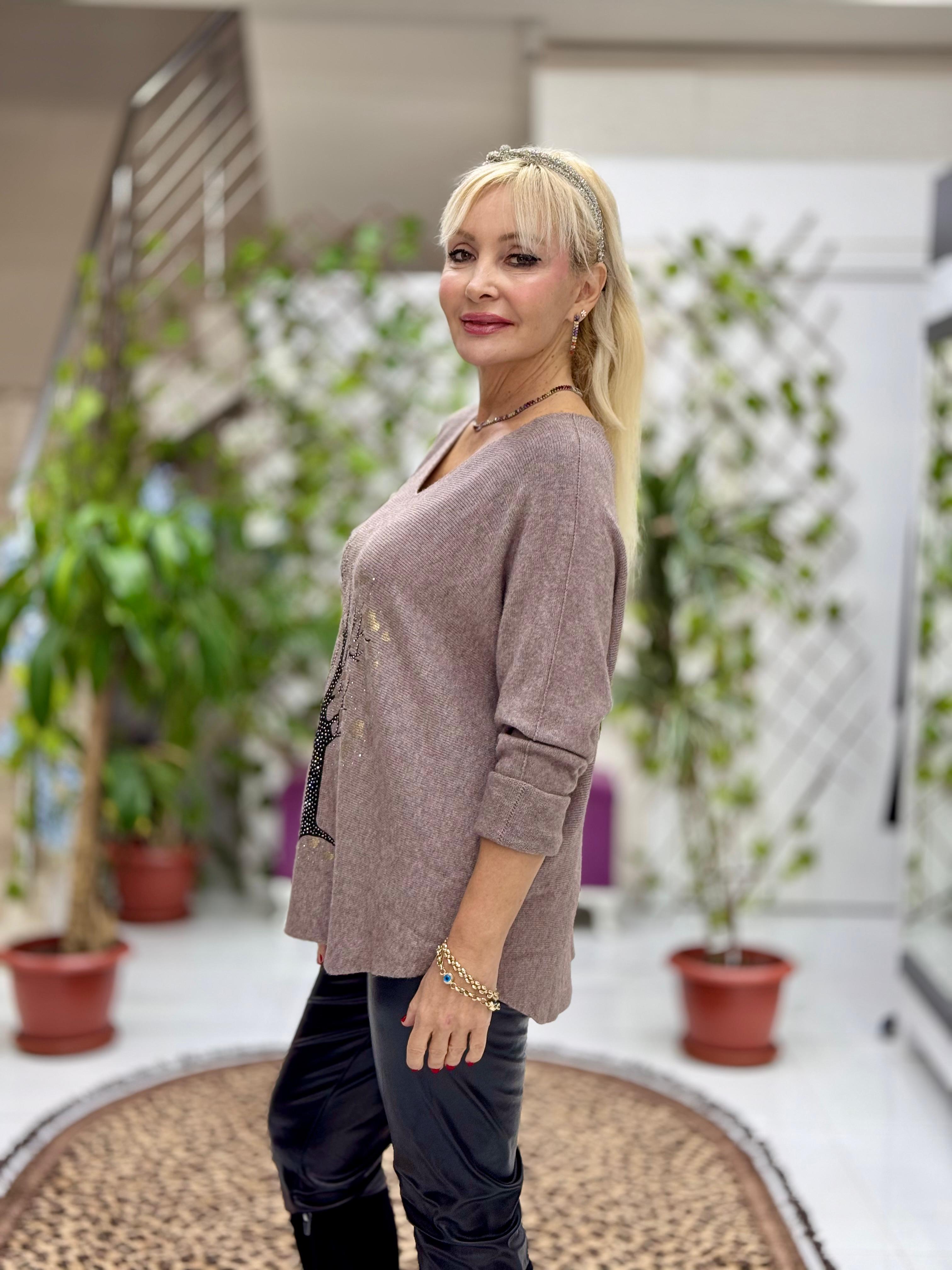 YG8021 Ağaç Desenli Taşlı İtalyan Triko Bluz Vizon