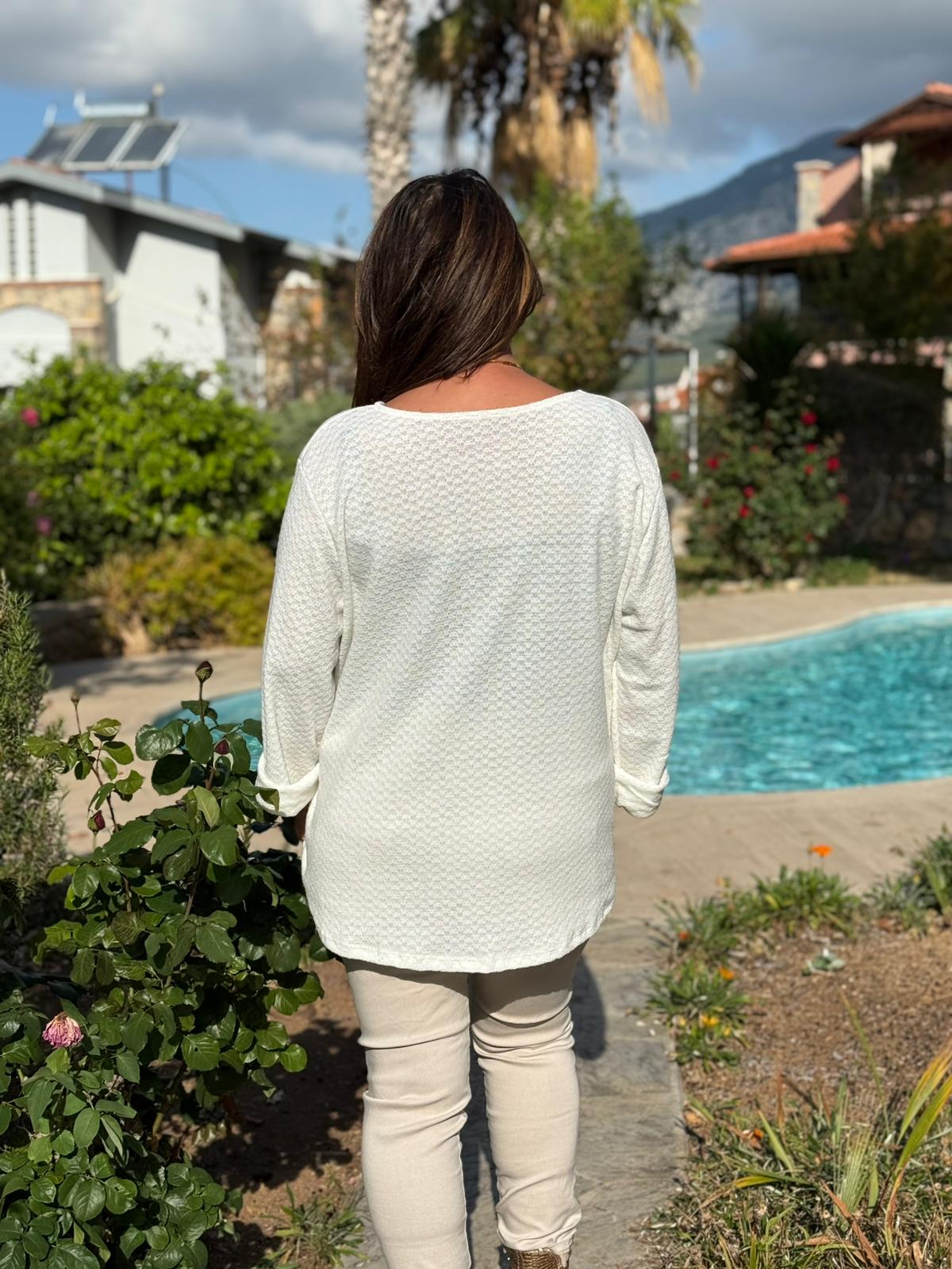 YG31256 İtalyan Kendinden Desenli Çiçek Baskılı Triko Bluz Beyaz