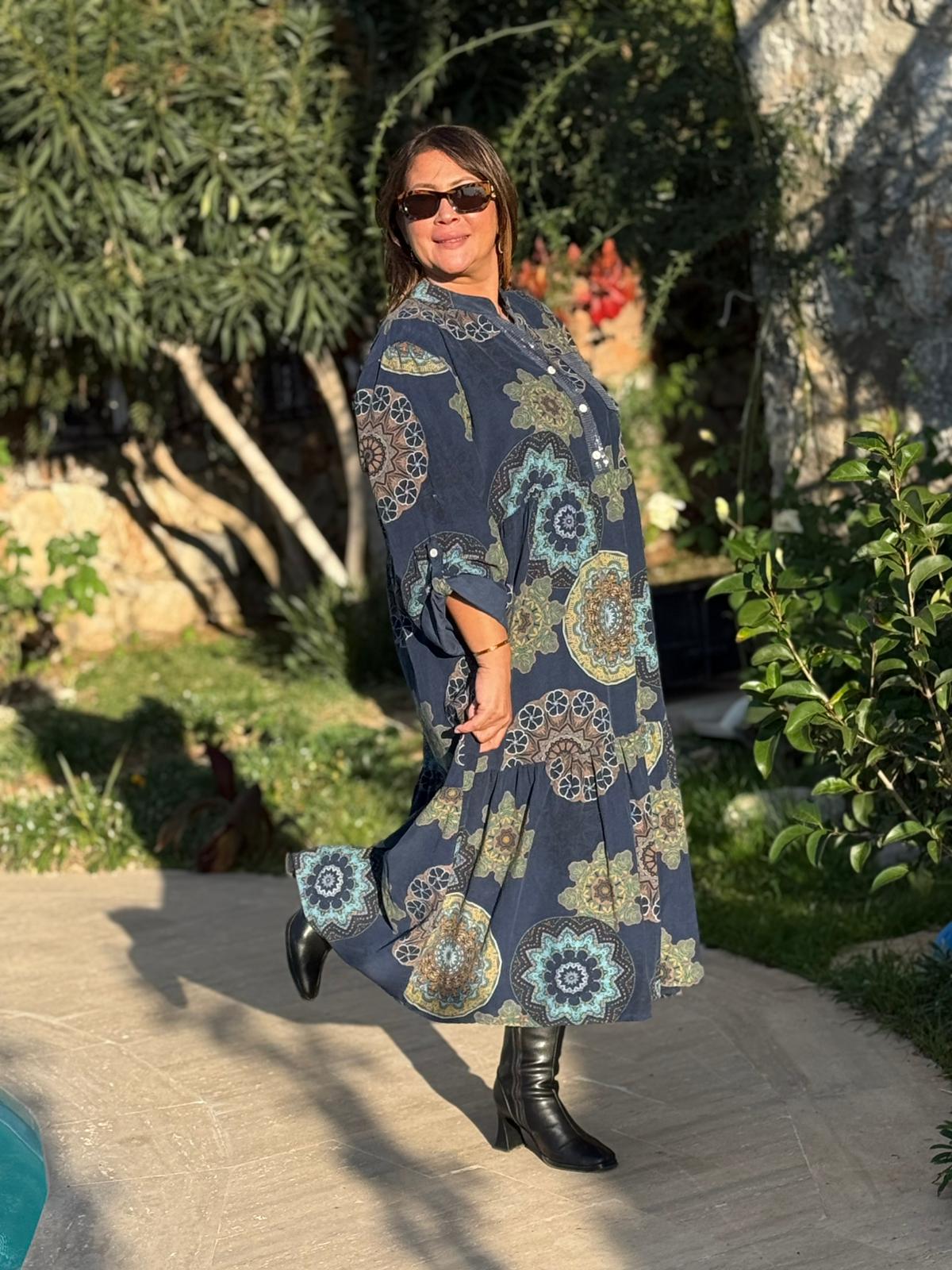 YG12573 Mandala Desen İtalyan Kadife Elbise Lacivert