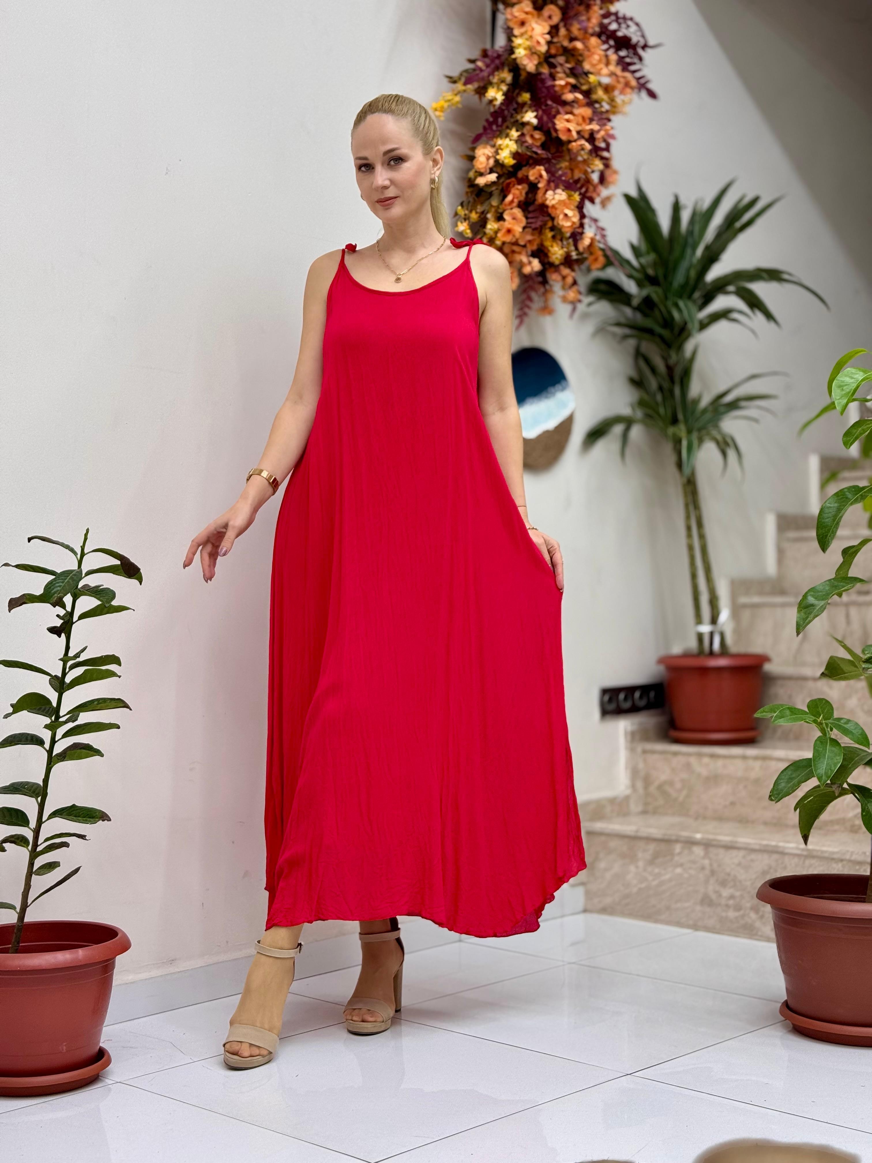 VL11199 Askılı Düz Vual Elbise Kırmızı