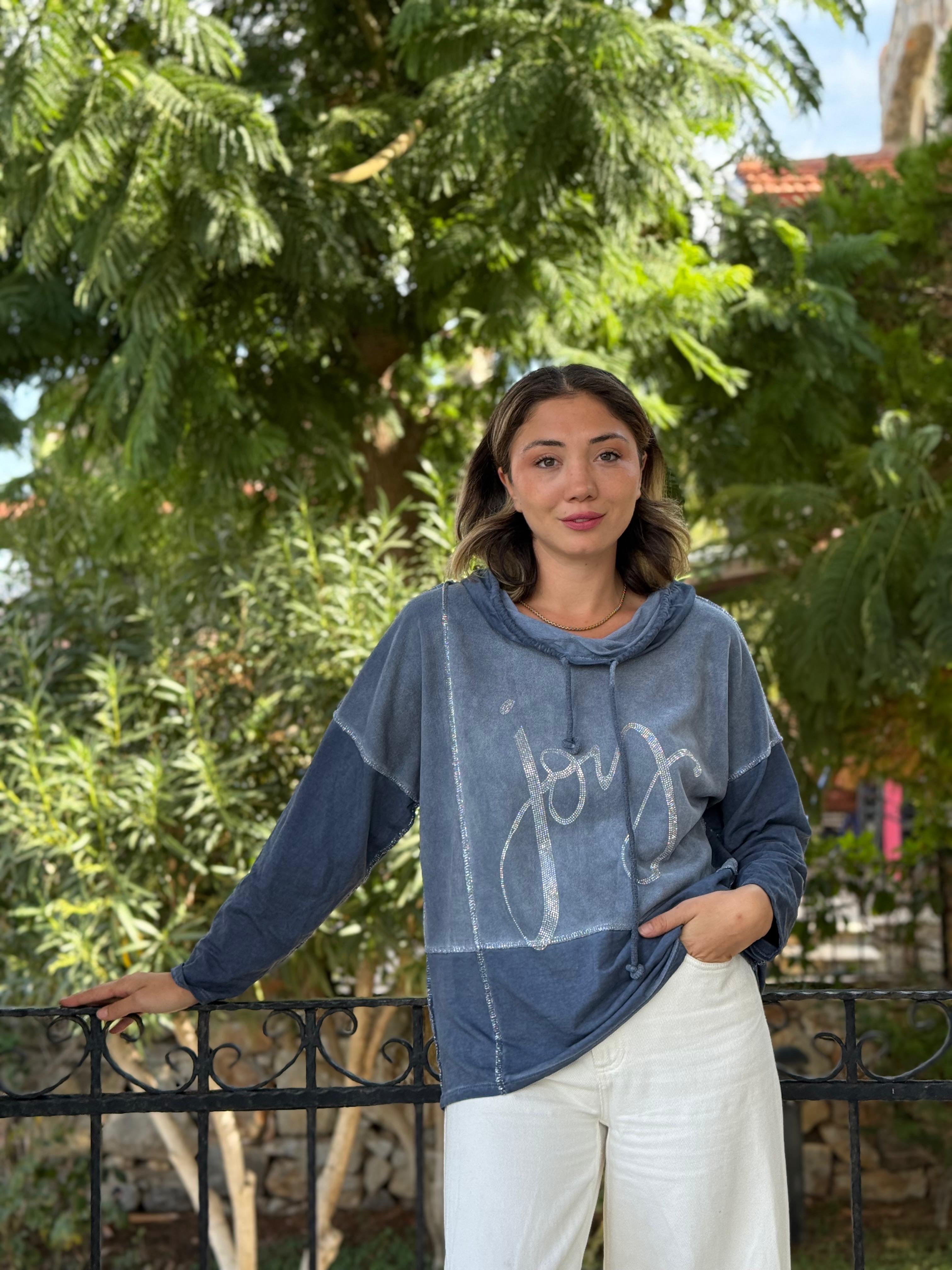 NC18533 İtalyan Joy Taşlı Kapüşonlu Coton Sweatshirt Mavi