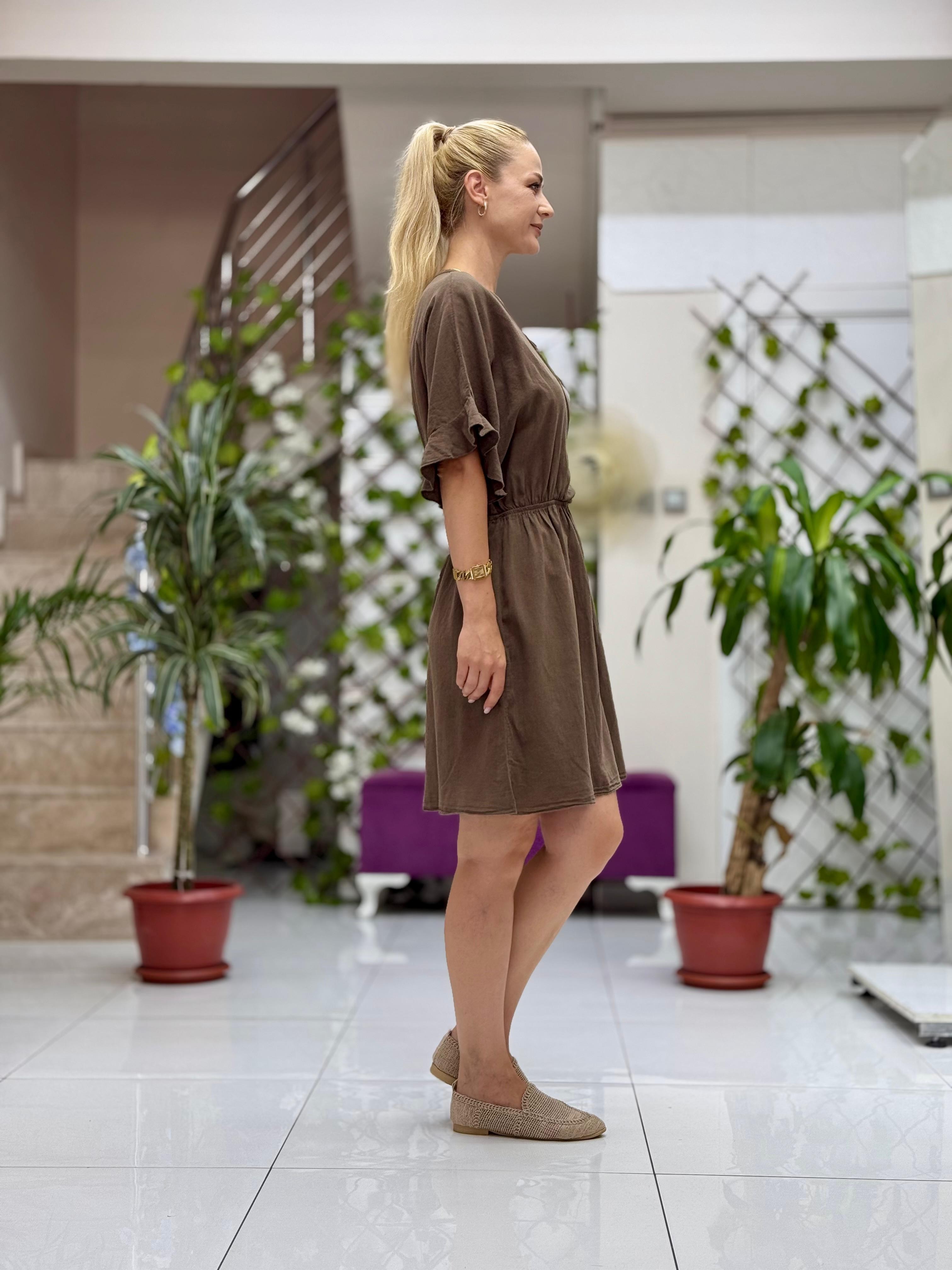 PT25070 Coton Mini Belden Bağlamalı Anvelop Elbise Kahverengi