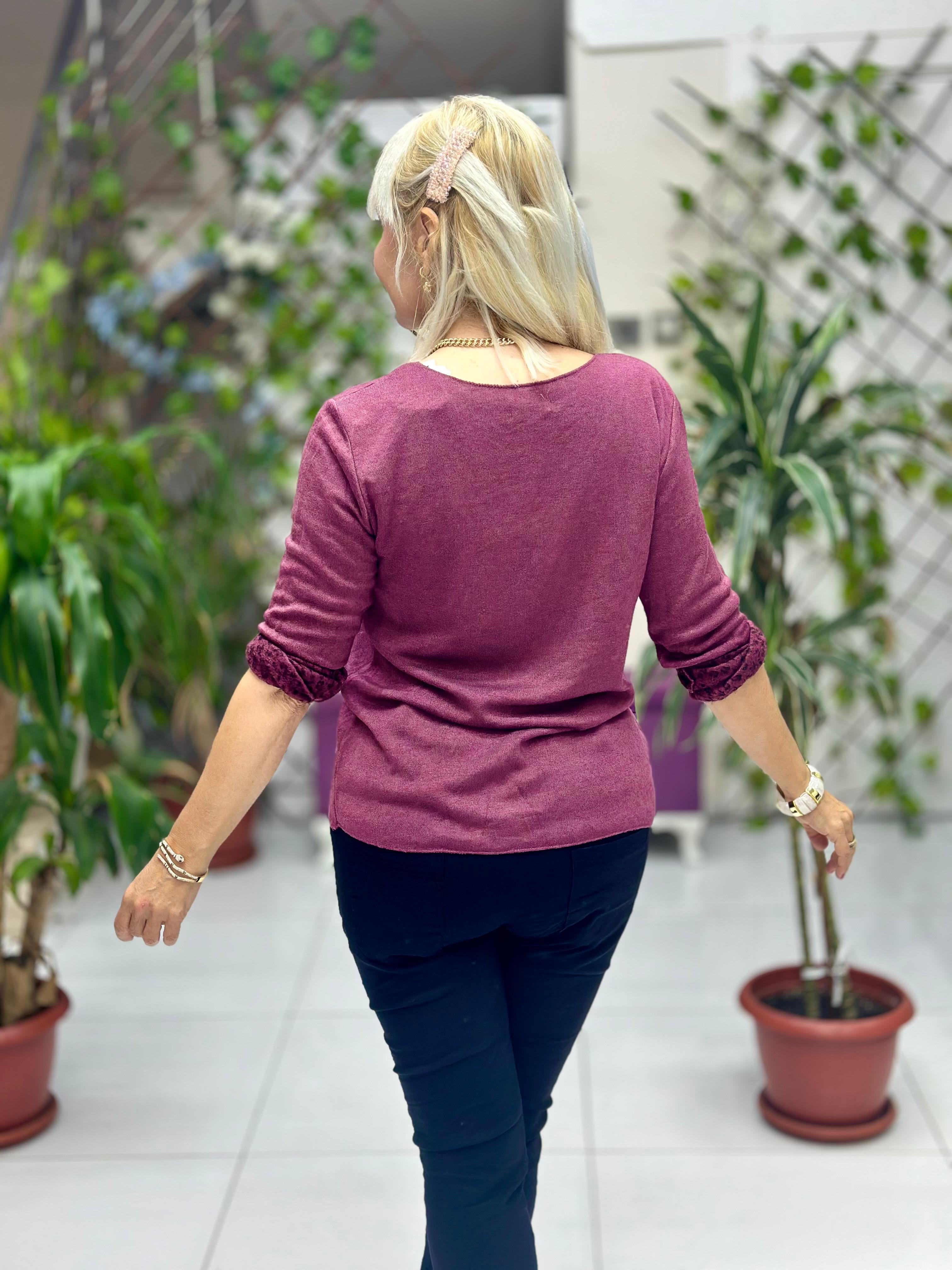 NC218181 İçi Leoparlı Yuvarlak Yaka Triko Büyük Kalıp Bluz Vişne