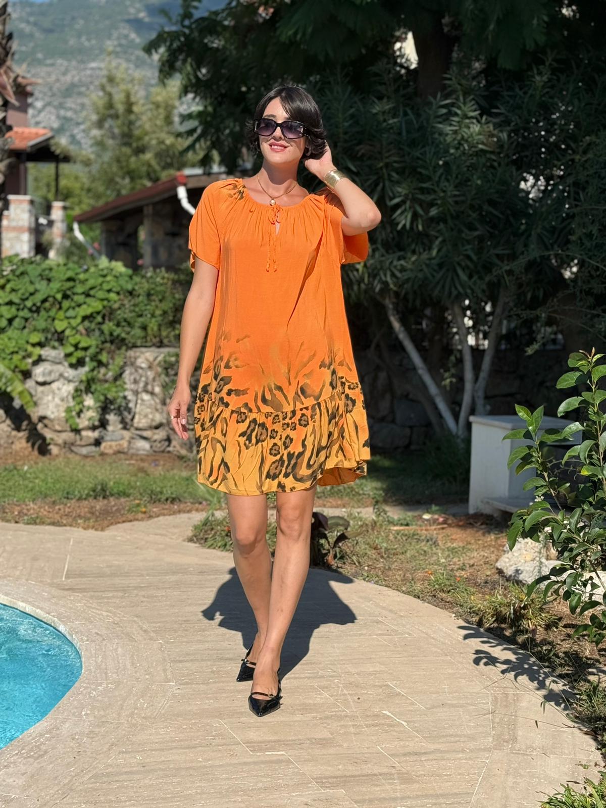 NC10526 İtalyan Yaka Lastikli Leoparlı Coton Elbise Oranj