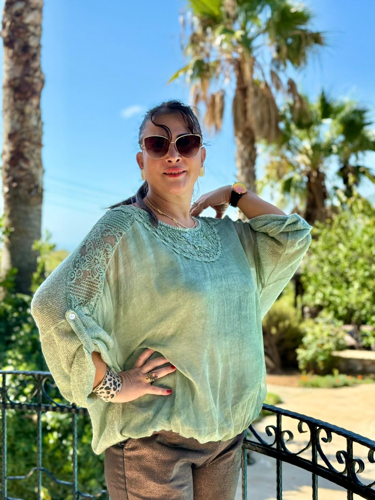 NC1888 Sırt ve Omuz Dantelli İpek Triko İtalyan Bluz Yeşil