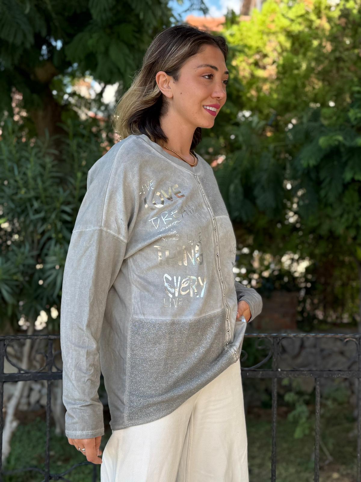 NC53761 İtalyan Yazılı Ve Taşlı Coton Sweatshirt Gri