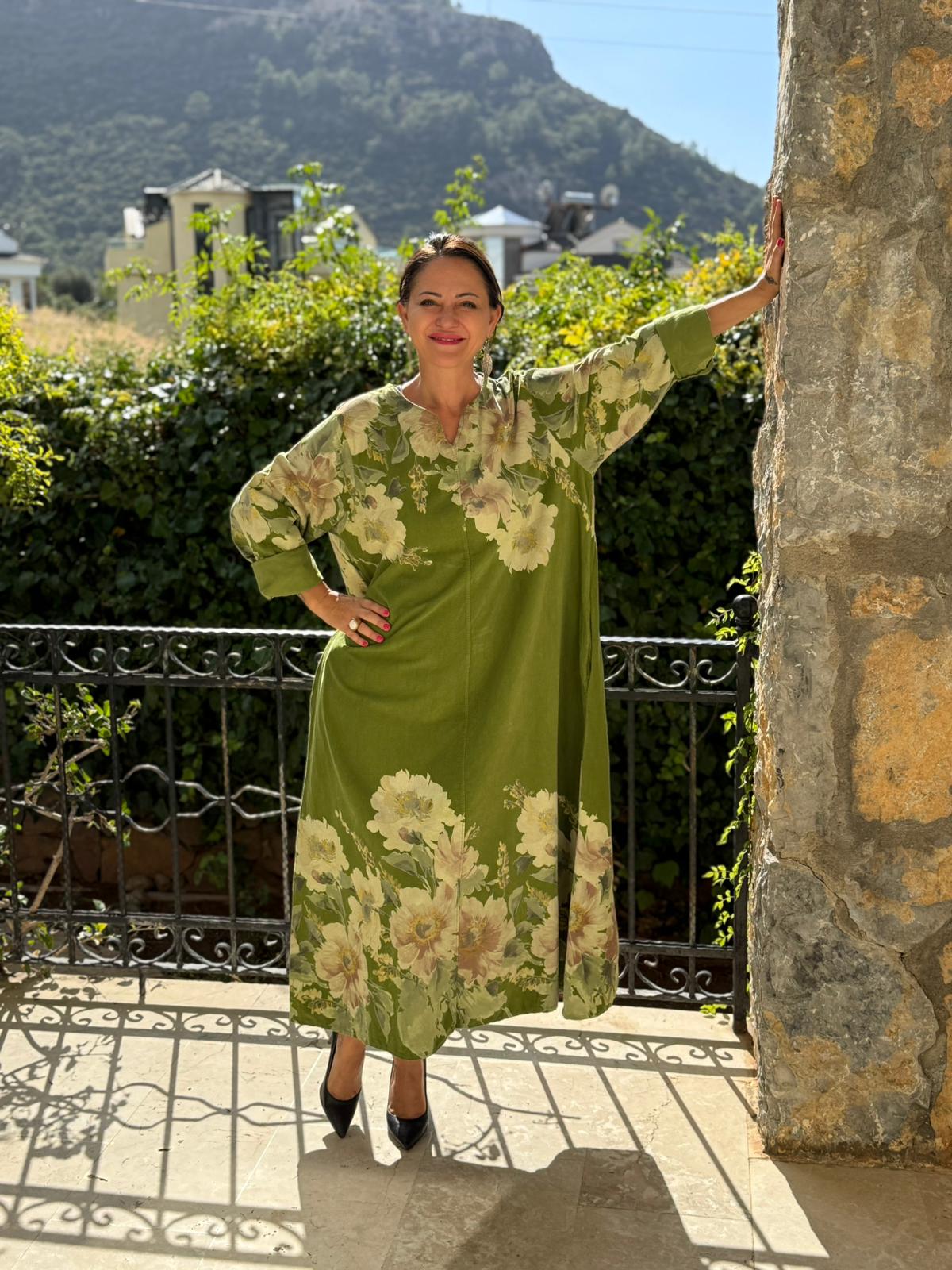 YG10392 Çiçek Desen İtalyan Kadife Elbise Yeşil