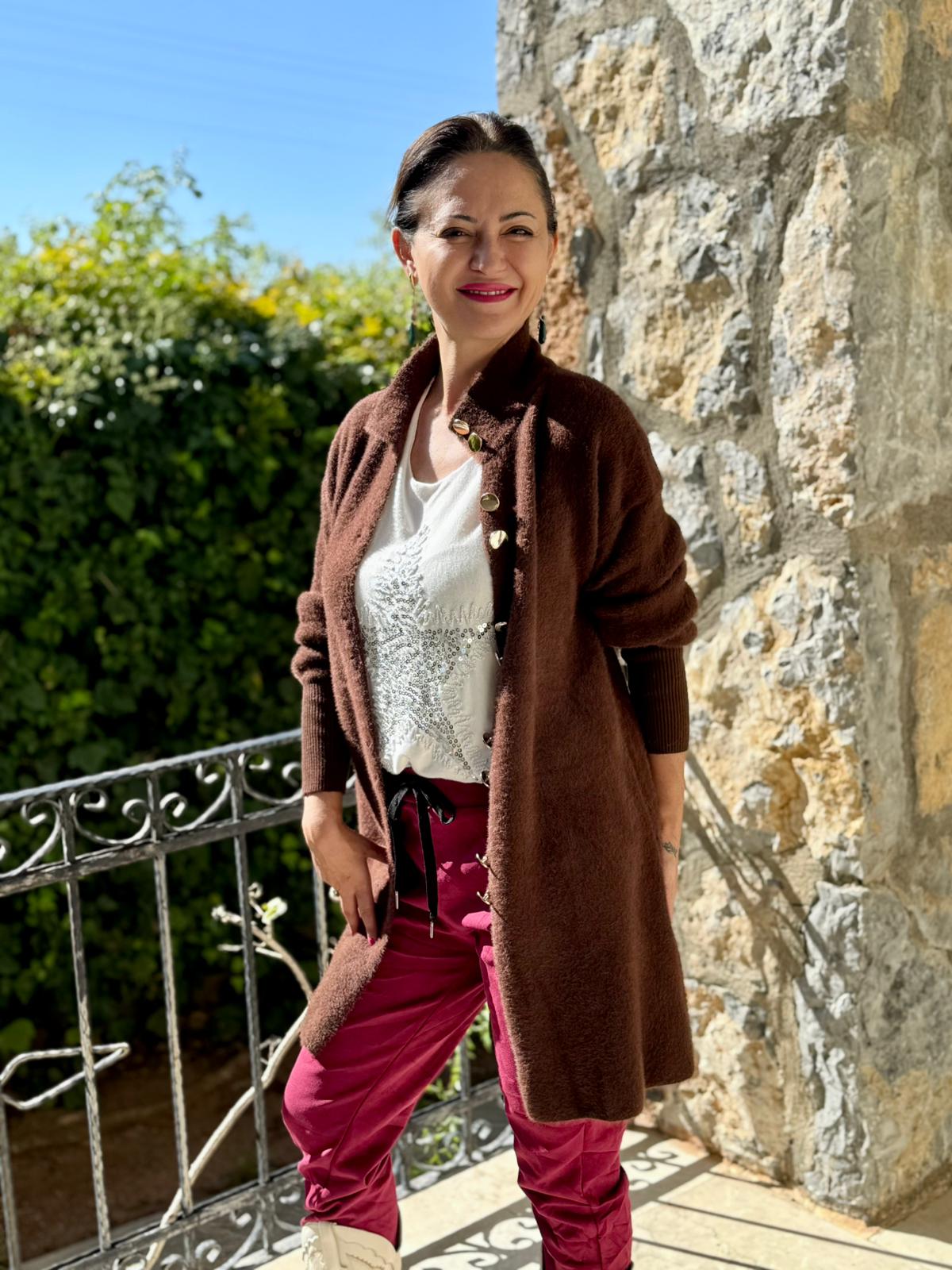 NC4079 Boydan Düğmeli Yün Kısa Hırka Kahverengi