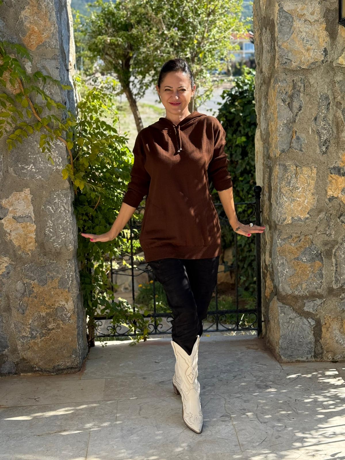 MT3096 Kapüşonlu Cepli Triko Sweatshirt Kahverengi