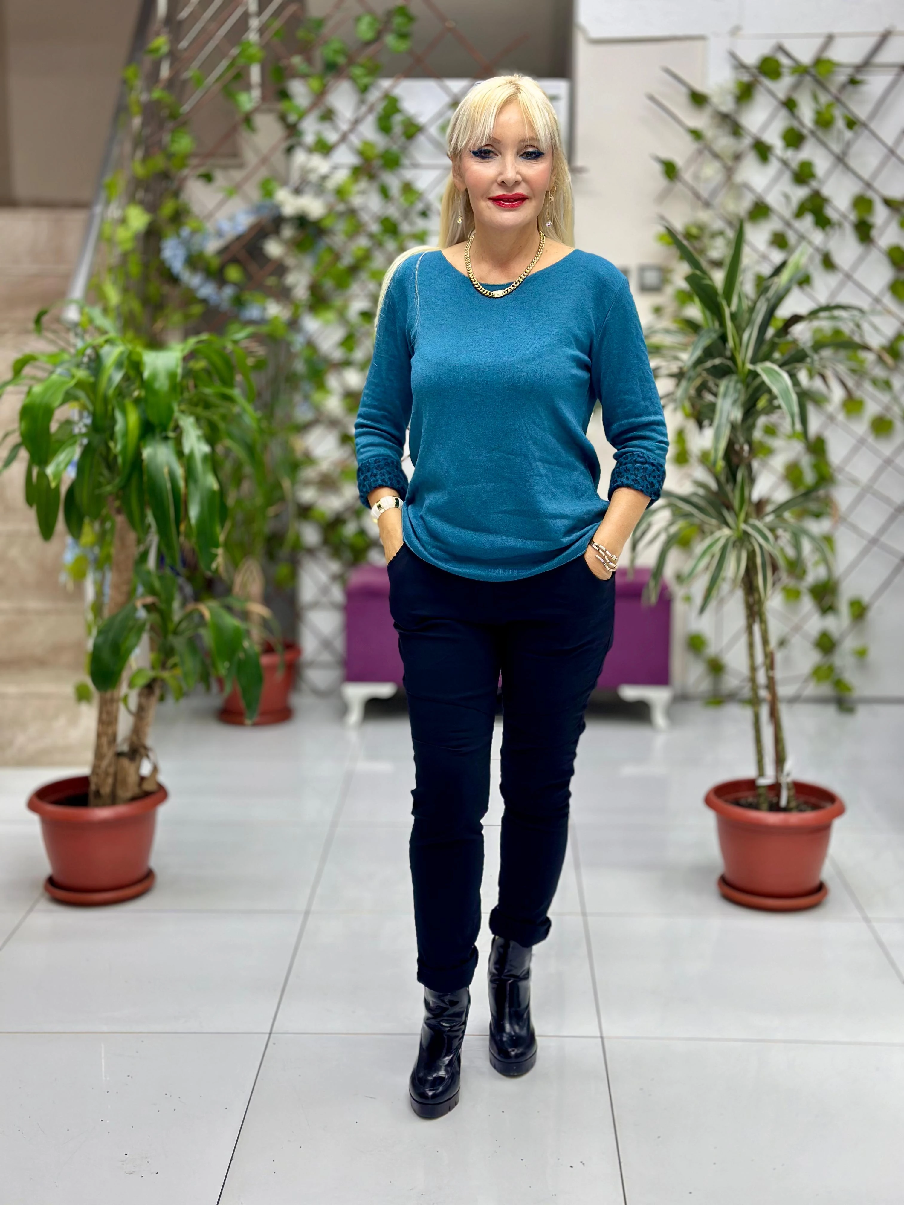 NC1202 İçi Leoparlı Yuvarlak Yaka Triko Küçük Beden Bluz Petrol