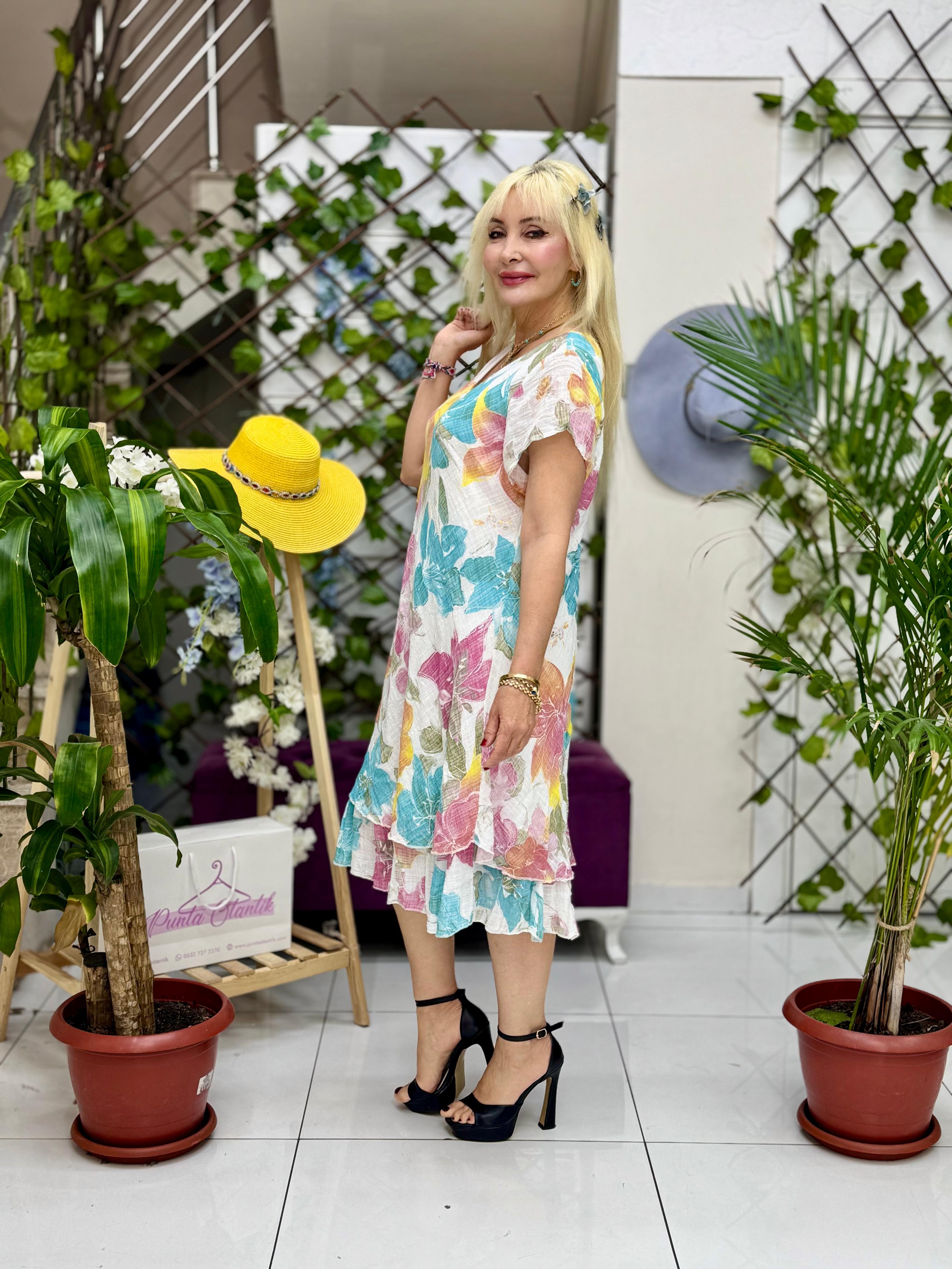 NC501228 İtalyan Kısa Kol Pamuk Keten Elbise Beyaz