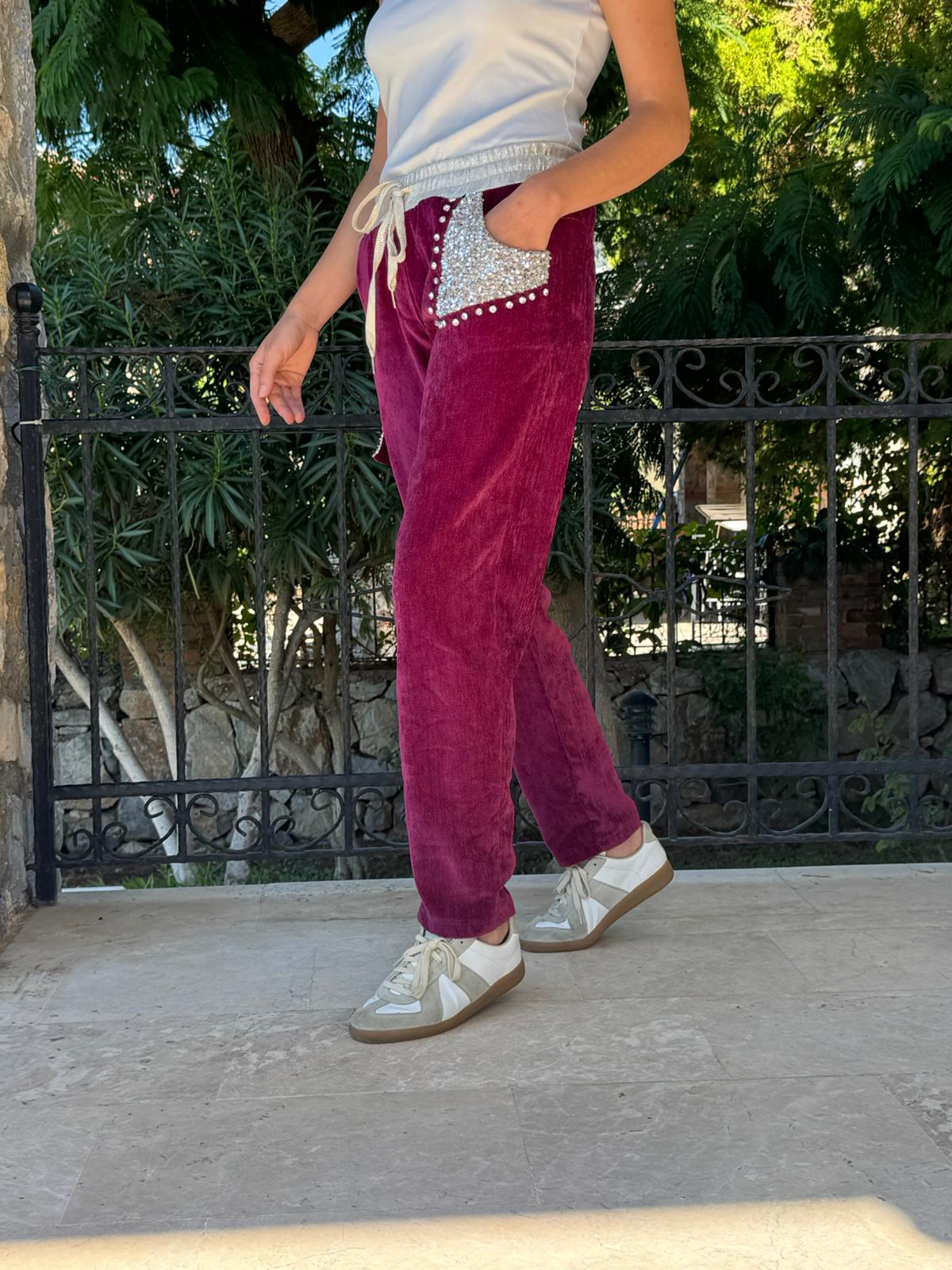 LS13220 İtalyan Cebi Taşlı Kadife Pantolon Vişne