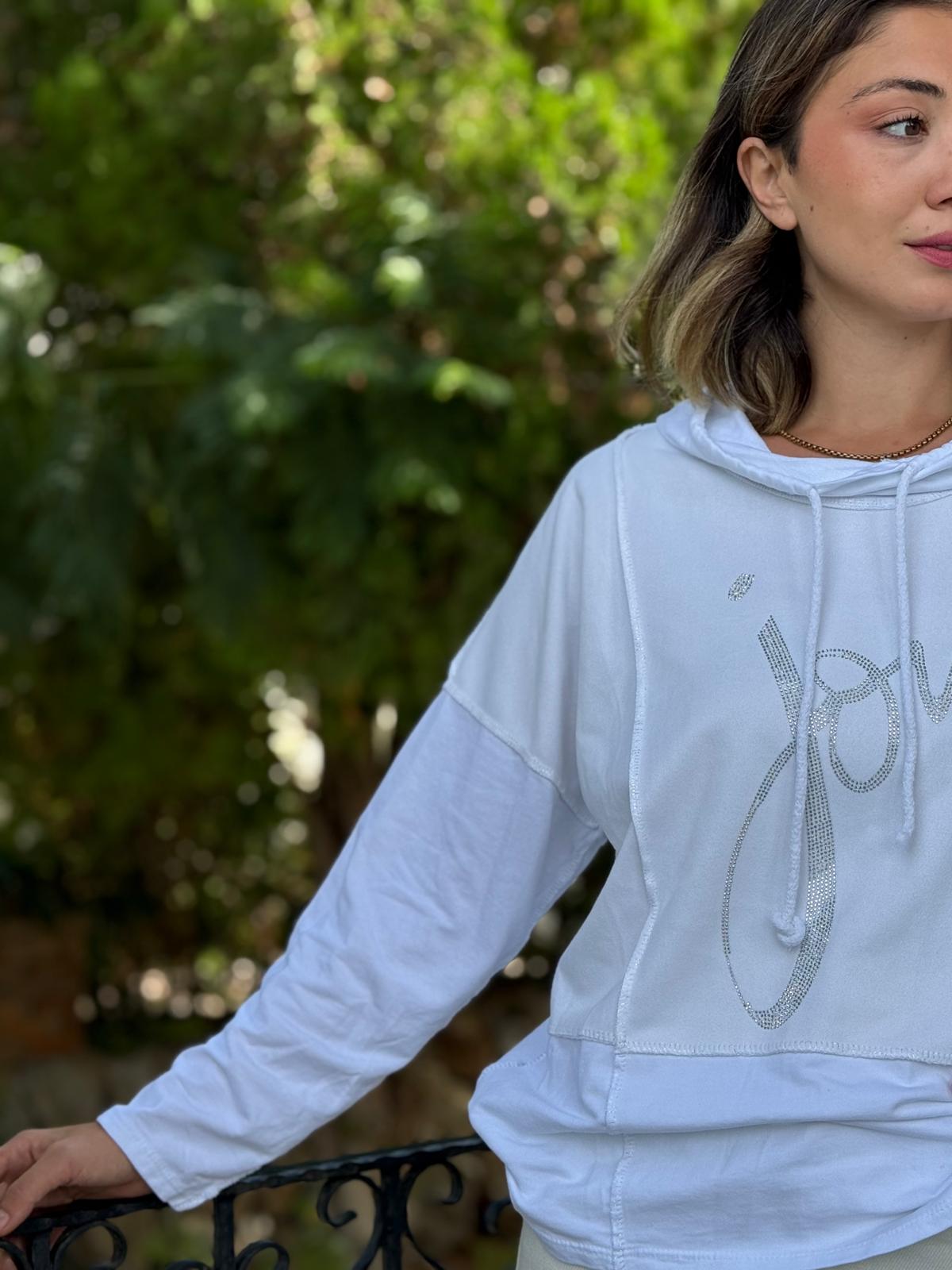 NC8533C İtalyan Joy Taşlı Kapüşonlu Coton Sweatshirt Beyaz