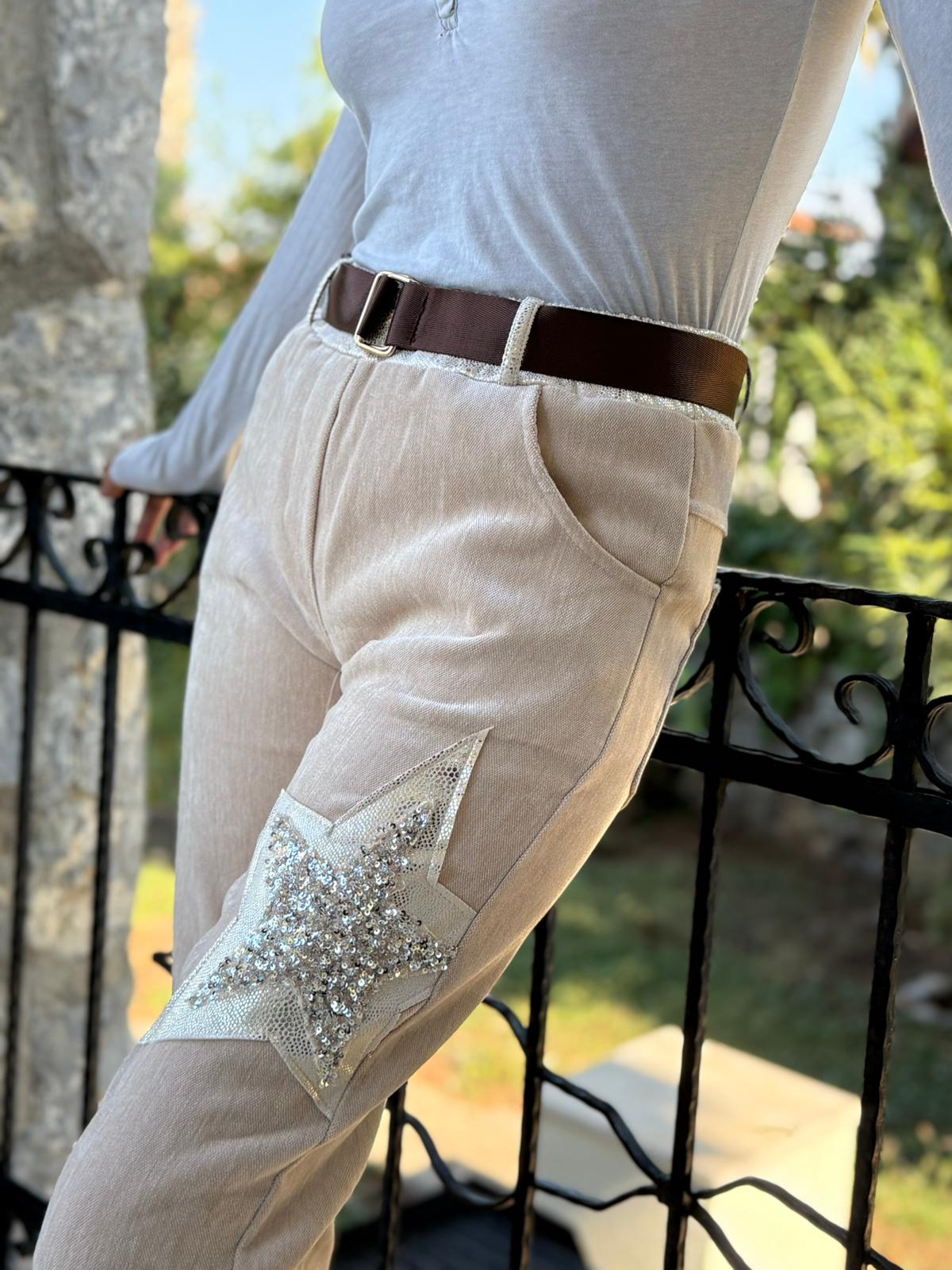 LS12520 İtalyan Yıldız Taşlı Kadife Pantolon Krem