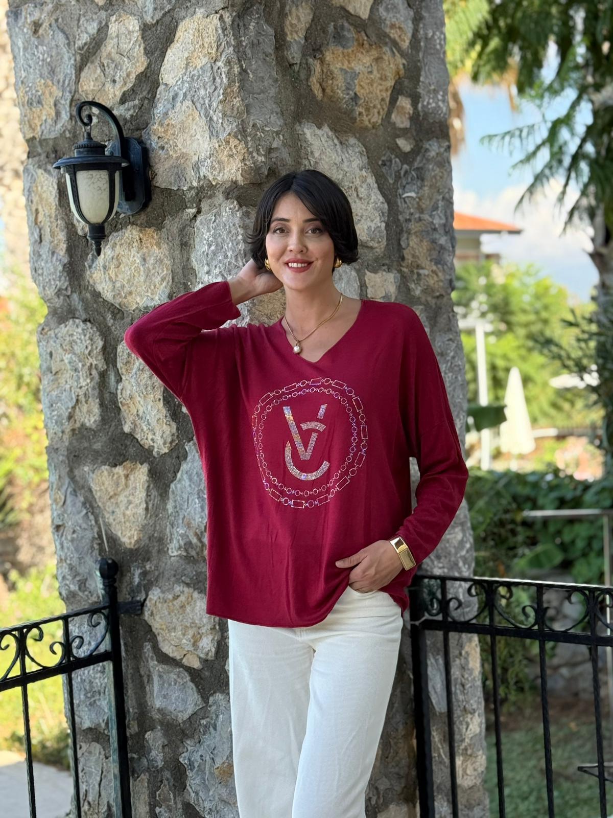 FXLS82681 İtalyan Taş Baskılı Triko Bluz Bordo